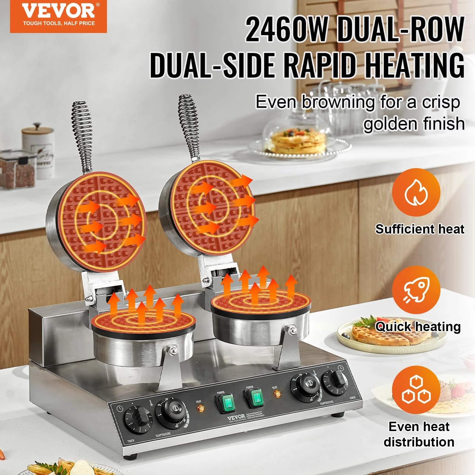 VEVOR Máquina para Hacer Gofres Comerciales, Doble Cabezal, Acero Inoxidable Antiadherente de 2460 W con Control de Temperatura y Tiempo, Asa, para Restaurantes, Familias y Bares, 500 x 470 x 260 mm