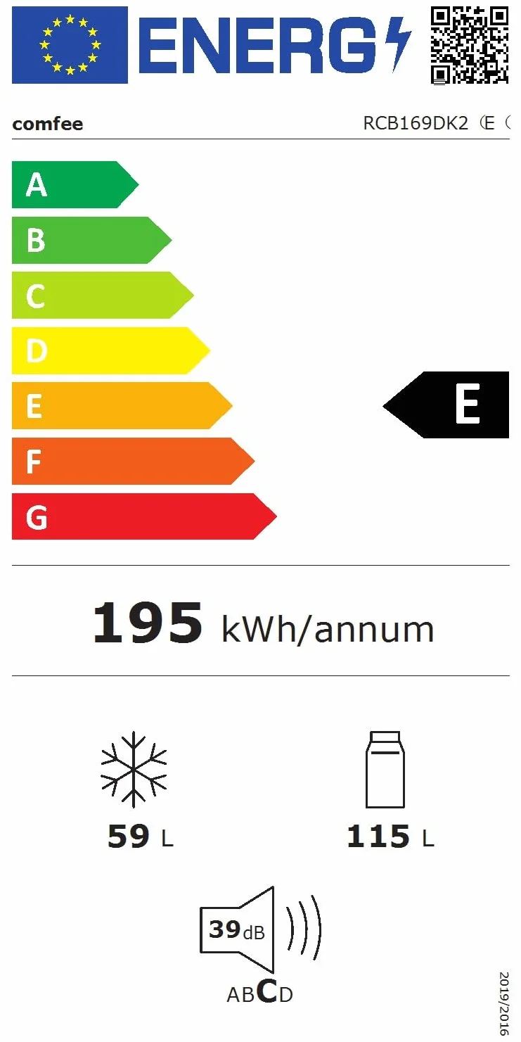 Comfee' RCB169DK2(E) Refrigerador con Congelador 150 cm Low Frost 195 kWh/año 174L Negro