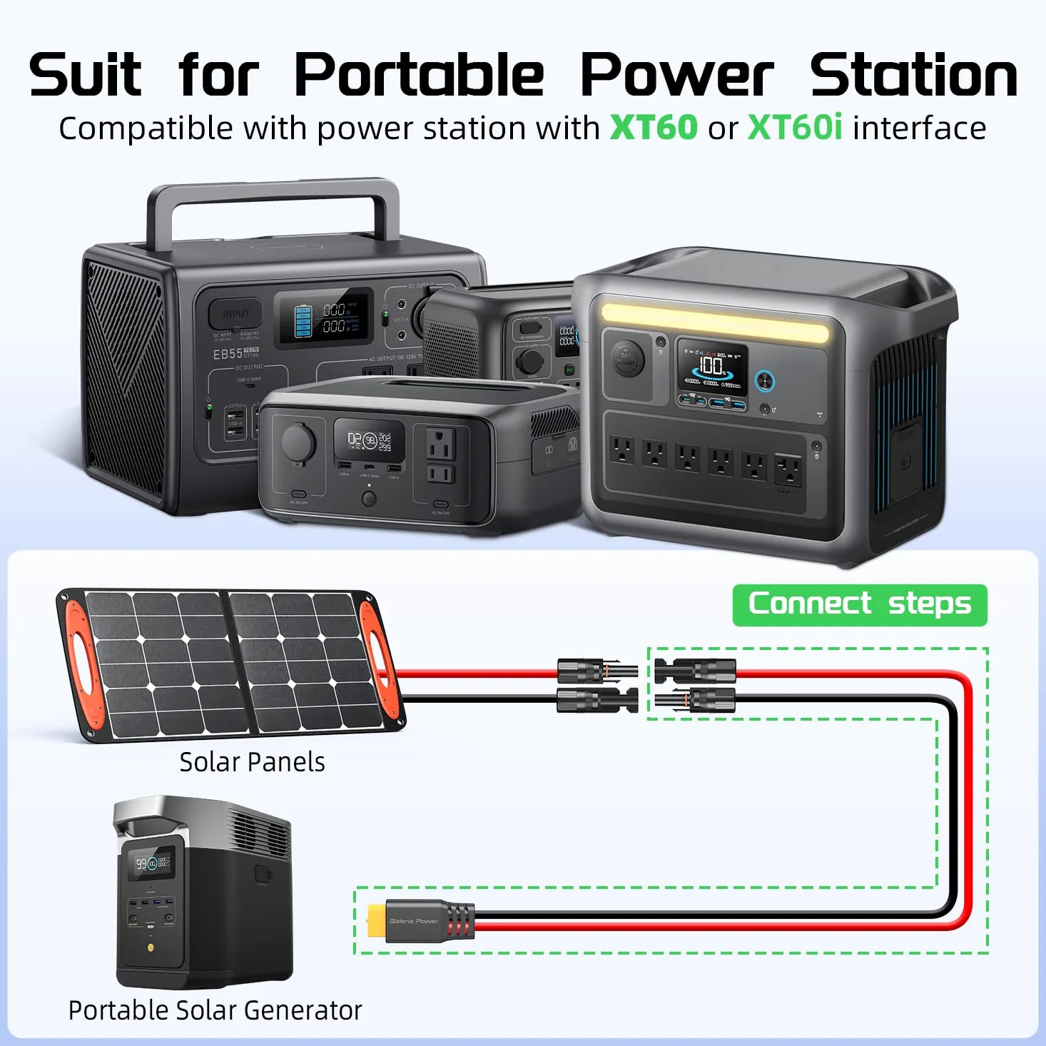 Bateria Power Cable de extensión de carga solar a XT60 de 12 AWG 10 pies conector solar a XT60 cable adaptador para panel solar a batería LiFePO4 RV estación de energía portátil generador solar