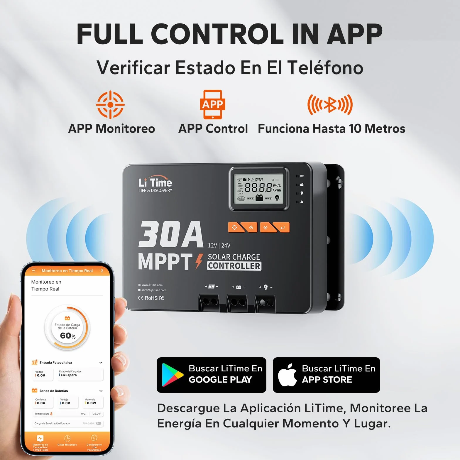 LiTime Regulador de carga solar MPPT de 30 A, 12 V/24 V, con módulo Bluetooth, parámetros de pantalla LCD ajustable, indicadores LED, regulador de panel solar, para batería de litio
