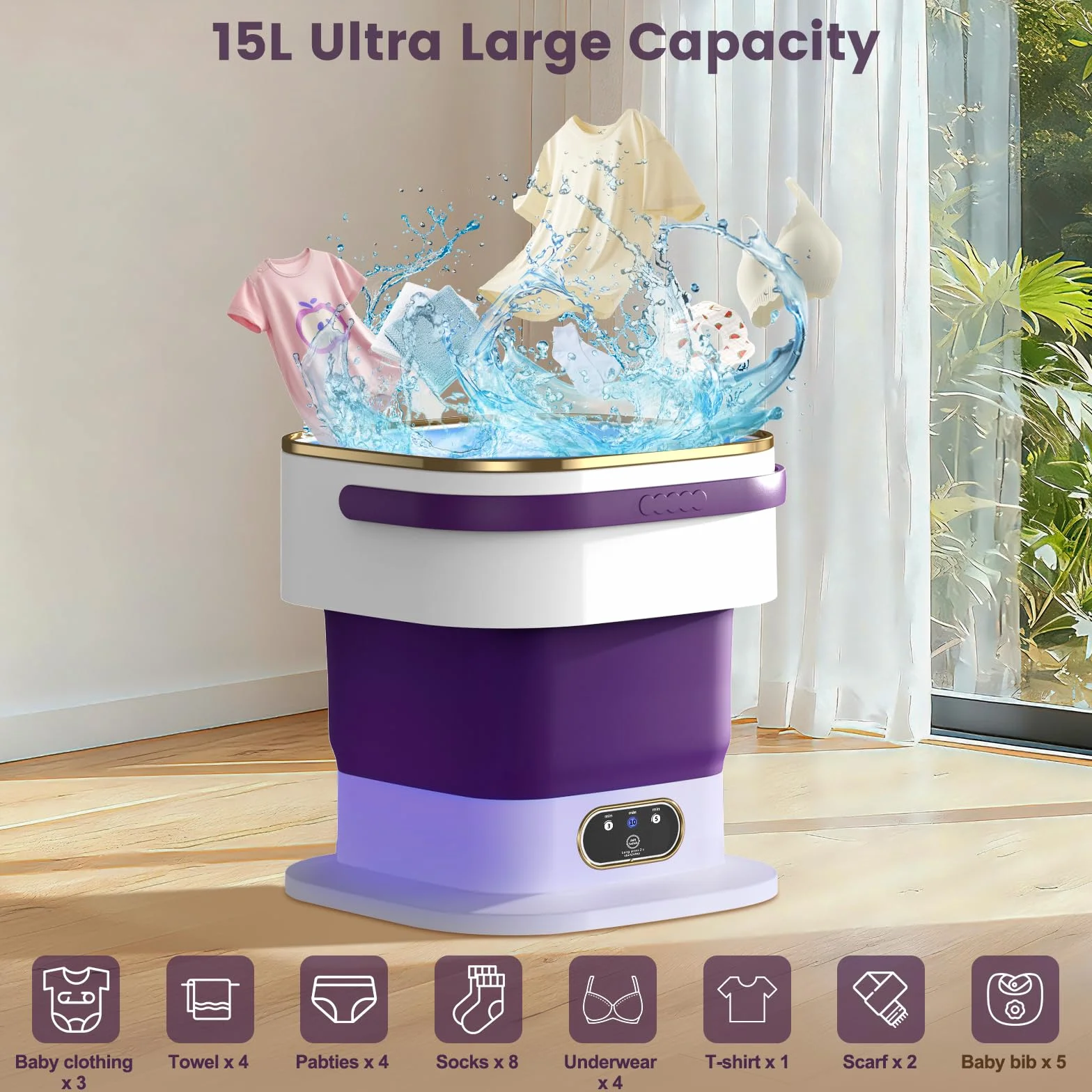 Mini Lavadora Portátil 15L con Centrifugado, 3 Modos de Limpieza Plegable para Ropa Pequeña, Camping, Apartamentos (Morado)