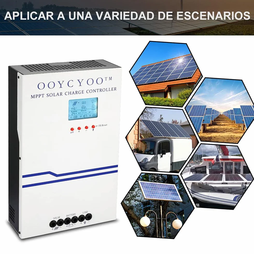 100A Controlador de Carga Solar 48V 36V 24V 12V Auto Detección MPPT Regulador de carga solar Lcd Ajustable Entrada FV máxima 150 V para baterías AGM SEL GEL de plomo y litio