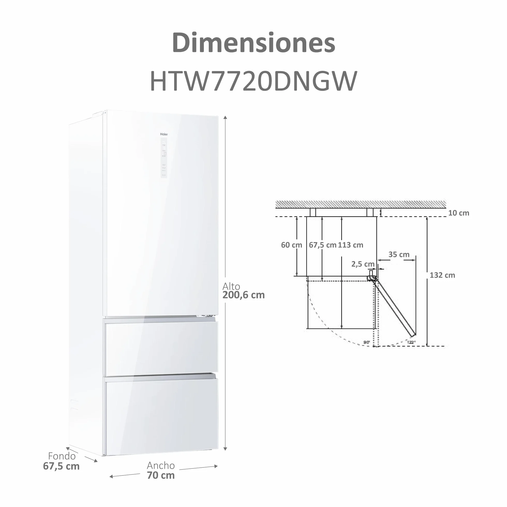 Haier Frigorífico Combi 3D 70 Series 7 HTW7720DNGW 483L Total No Frost Motor Inverter Blanco
