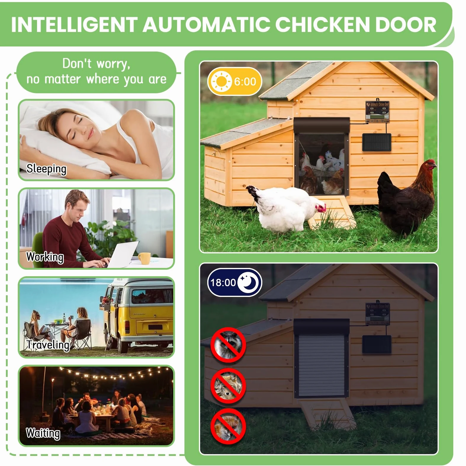 Batería automática de gallina, Puerta de Pollo eléctrica automática | con temporizador, panel solar, mando a distancia, manual, protección inteligente contra pellizcos