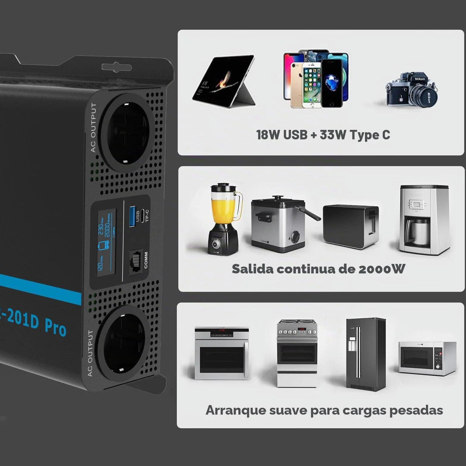 EDECOA Inversor 12v 220v Onda Pura 2000w con Mando a Distancia, LCD, USB Type-C, Ventiladores silenciosos, Compatible con baterías Gel, Agm, Litio para caravanas, Barco, Coche, Paneles solares