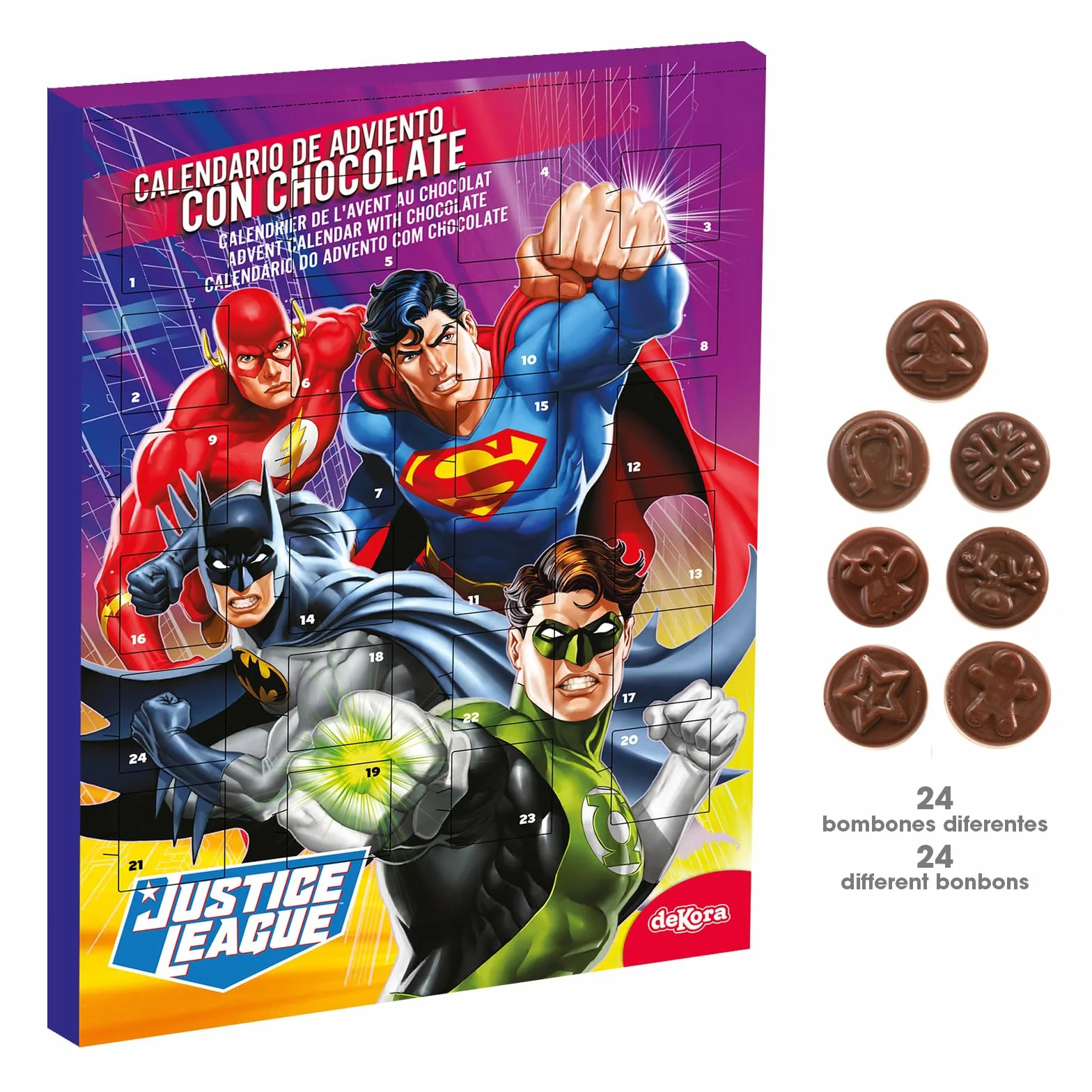 Calendario de Adviento Liga de la Justicia 24 chocolatinas chocolate con leche 50g Licencia oficial Navidad
