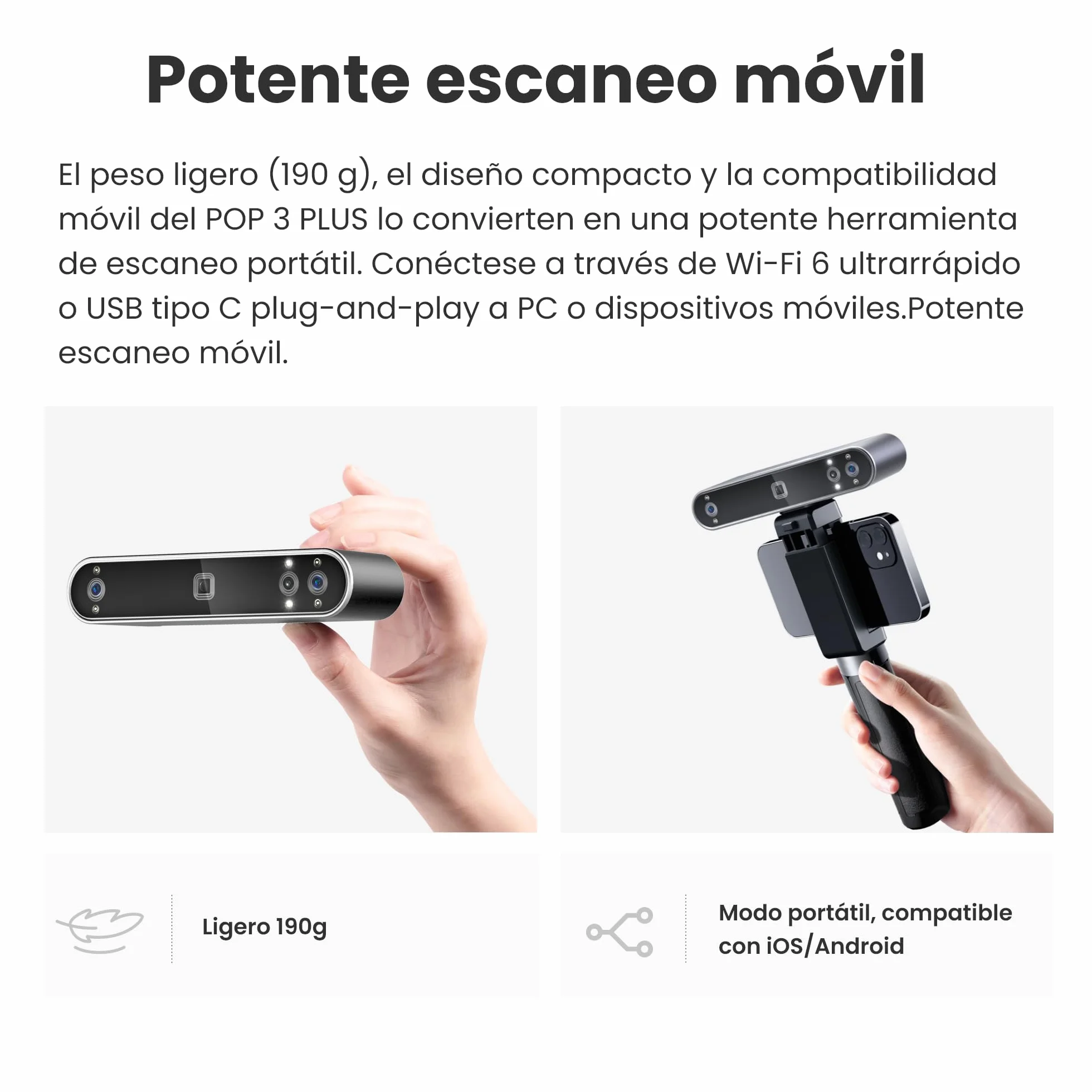Revopoint POP 3 Plus Scanner 3D para impresión 3D, escaneo en color para objetos medianos, escáner de mano con precisión de 0,04 mm y velocidad, compatible con Android/iOS/Win10&11/macOS, Estándar