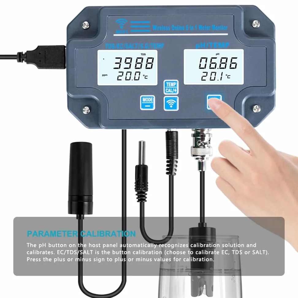 Calidad del Agua Medidor de Prueba, 6 en 1, Montado en la Pared, PH/EC/TDS/SALT/S.G/Temperatura, Aplicación de Monitoreo Remoto, Notificación de Alarma para Acuario, Laboratorio Hidropónico