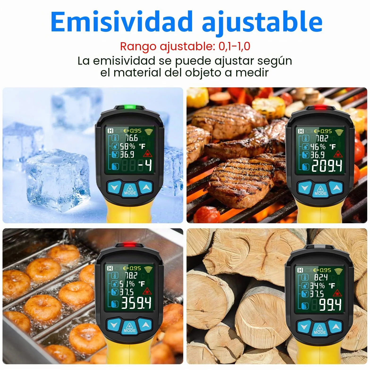 Termómetro Infrarrojo MESTEK -50°C~800°C Pistola Temperatura Laser Sin Contacto Pantalla LCD Color Ajuste Emisividad