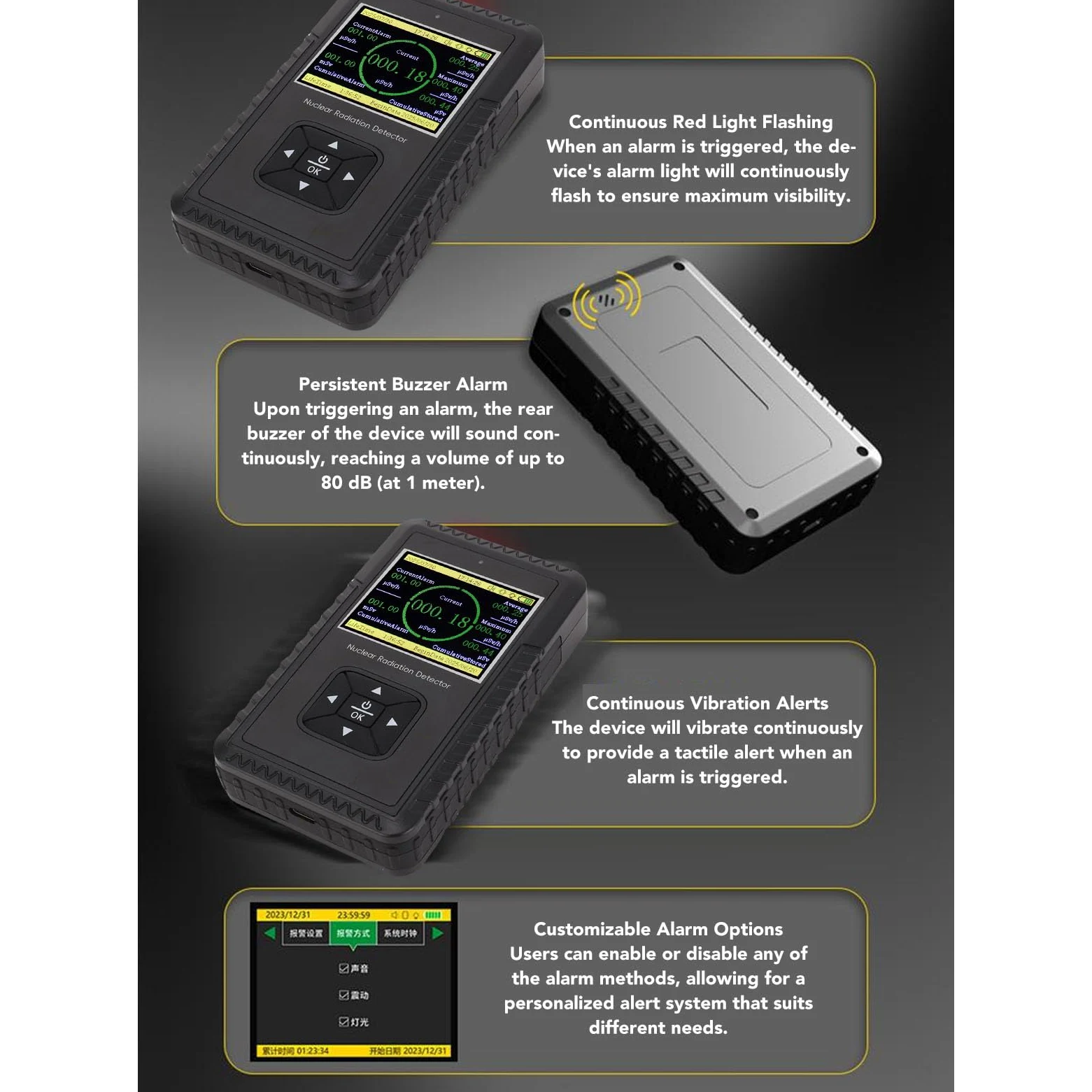 Fafeicy Contador Geiger de Mano, Detector de Radiación Nuclear con Pantalla LCD Grande, Medidor de Rayos X Beta Gamma, Dosímetro 10000uSv/h, para Seguridad Doméstica e Industrial