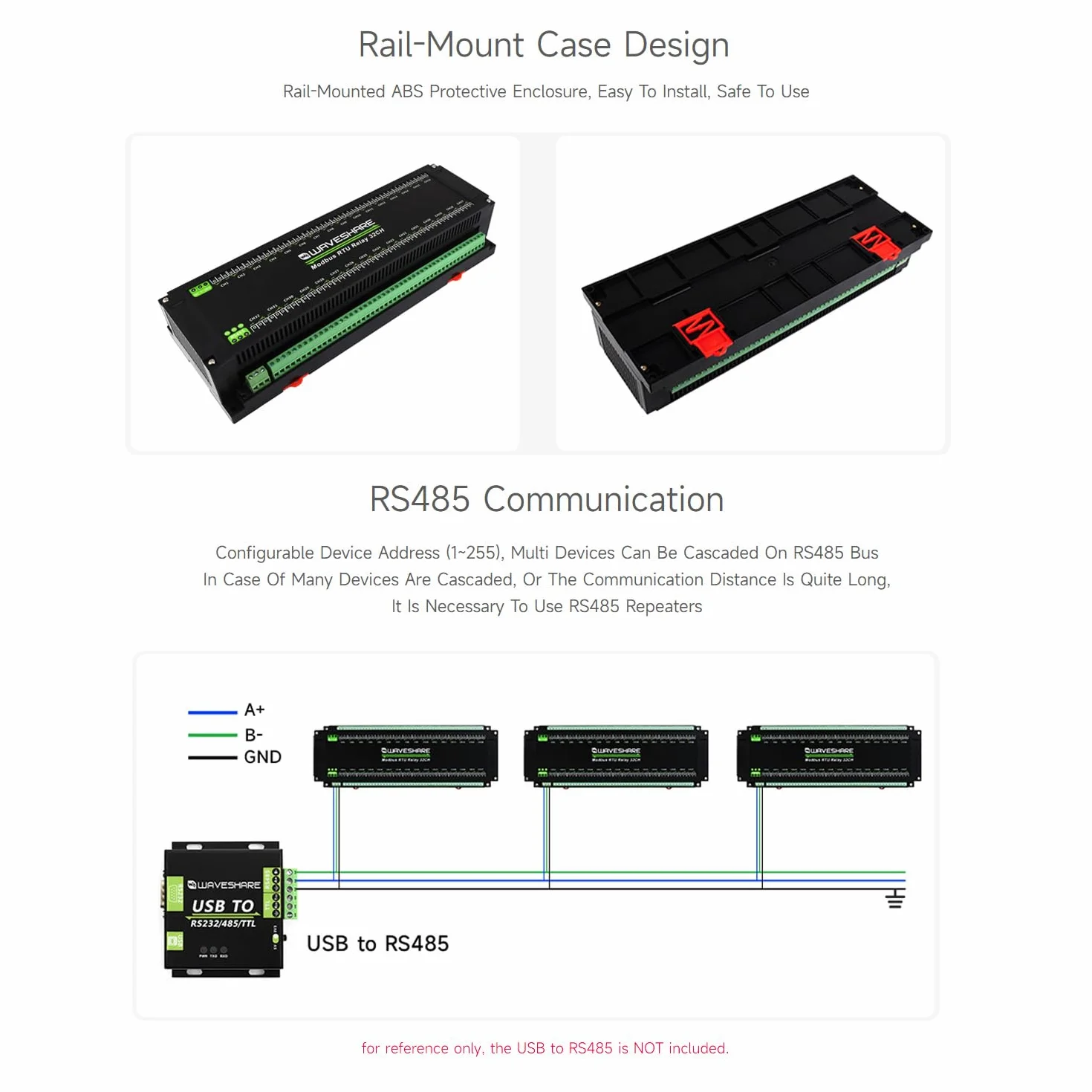 Waveshare Modbus RTU 32-Ch Relay Module, RS485 Interface, with Multiple Isolation Protection Circuits, Mainly Used for Industrial Control, Smart Home, Smart Agriculture, Breeding & Farming