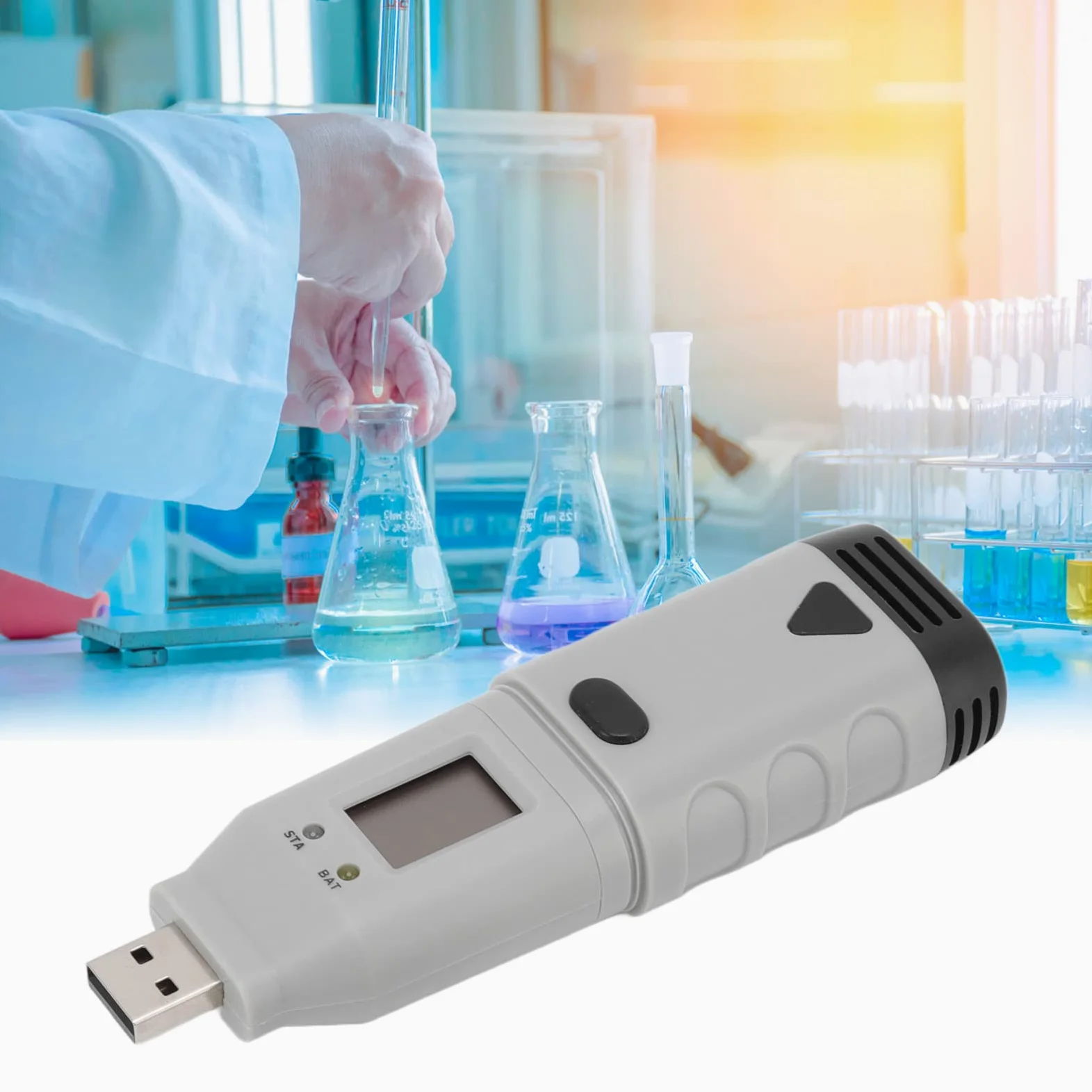Medidor de humedad y temperatura USB Termómetro higrómetro portátil del tamaño de un bolígrafo con alarma LED de dos canales Diseño impermeable para monitoreo en interiores y