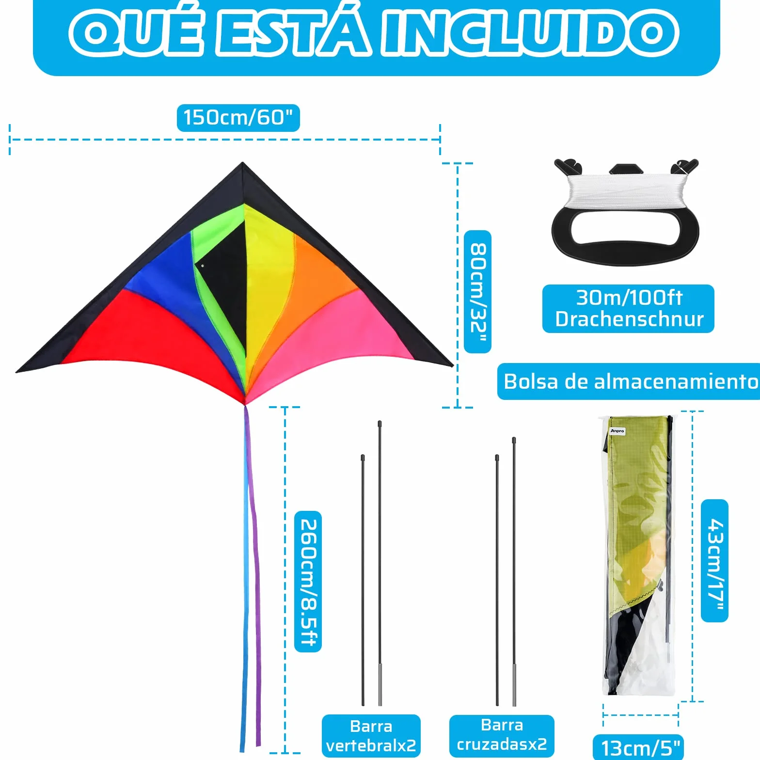 Anpro Gran Cometa para Niños y Adultos Fácil de Volar Viento Fuerte Brisa Suave