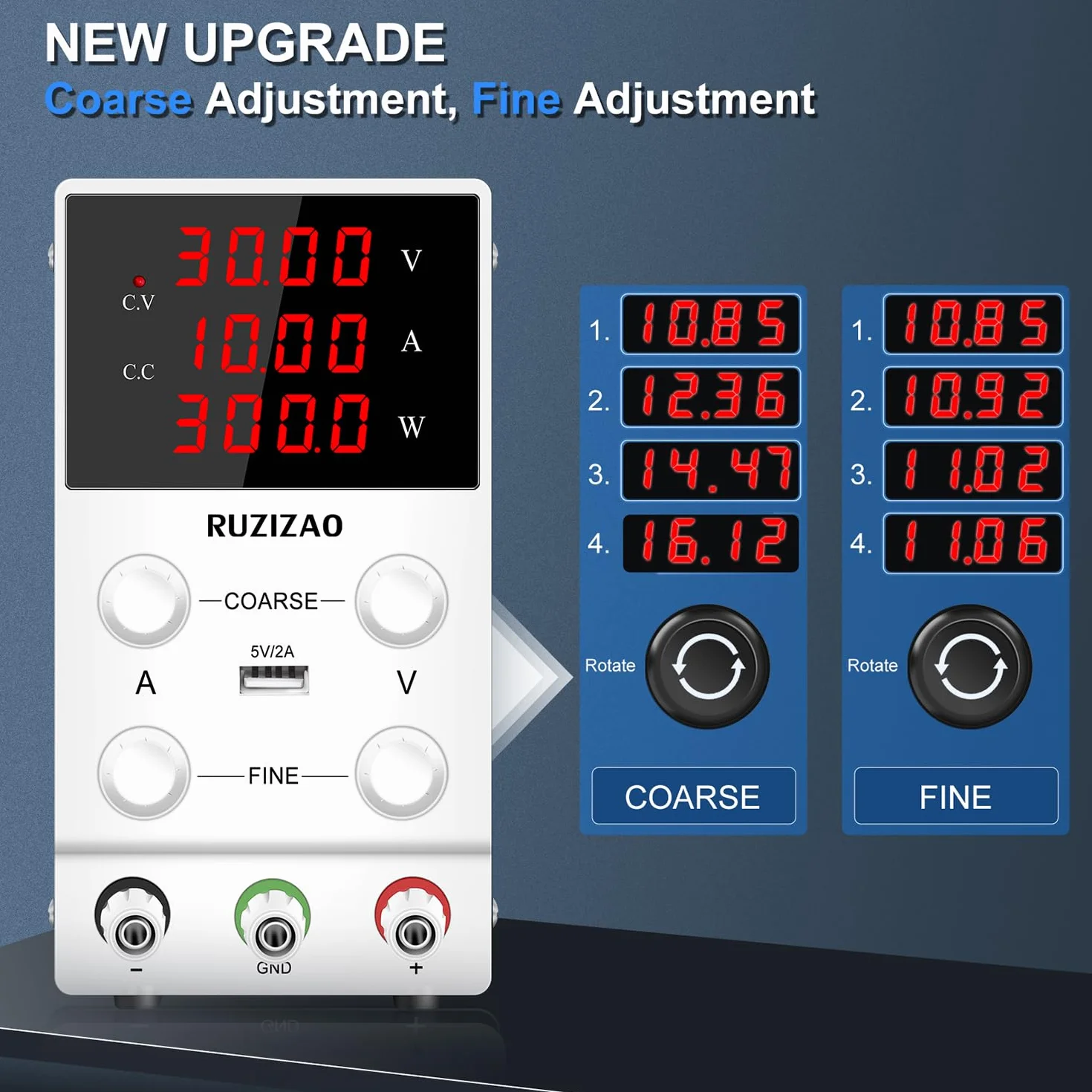 Fuente de Alimentación Regulable 30V 10A, Fuente de Alimentación de Laboratorio con Pantalla LED de 4 Dígitos y Puerto USB, Fuente de Alimentación de Banco Regulación Precisa y Salida Stable