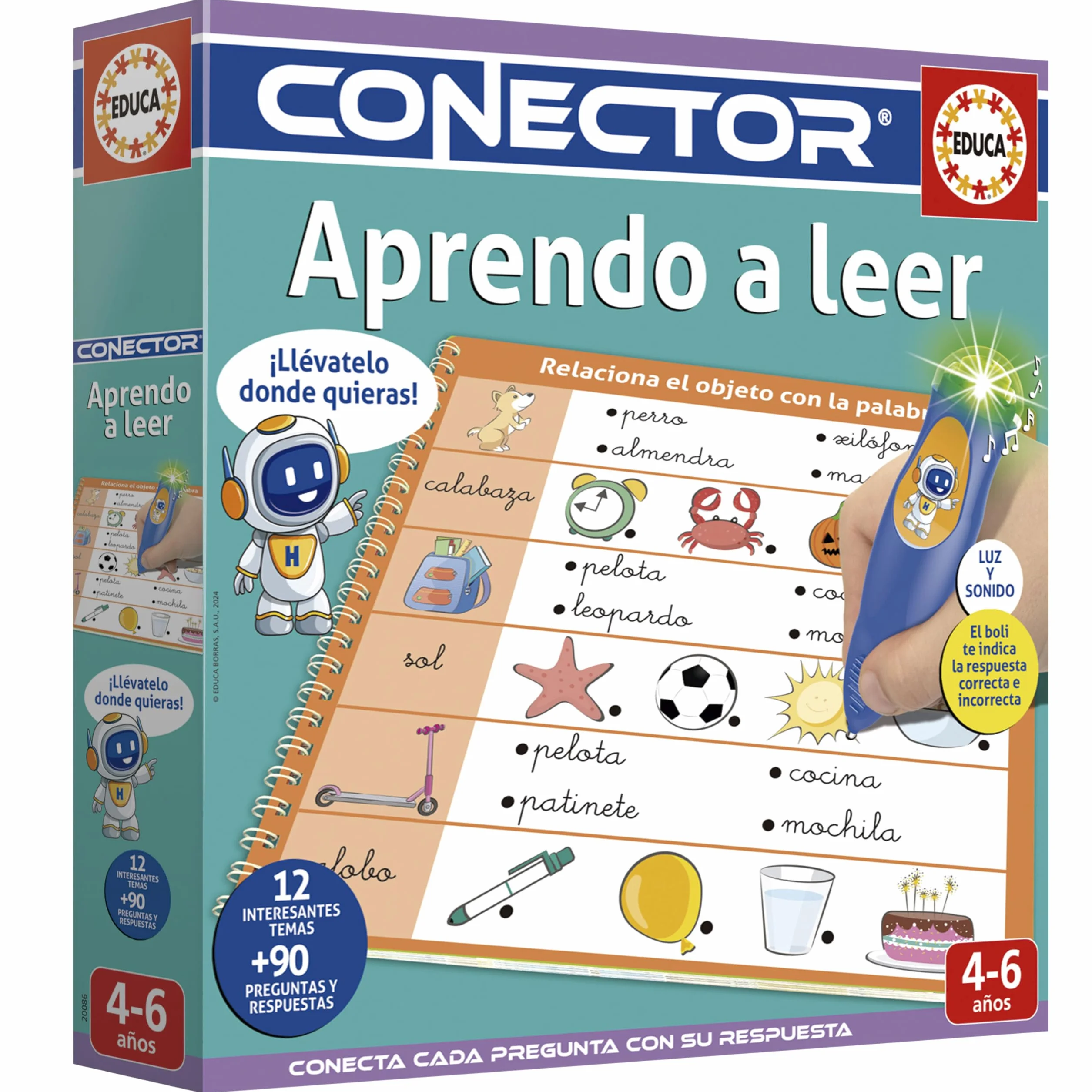 Educa Conector Aprendo a Leer Juego Educativo 90 Preguntas 12 Temas Libro Lápiz Luz Sonido 4 años
