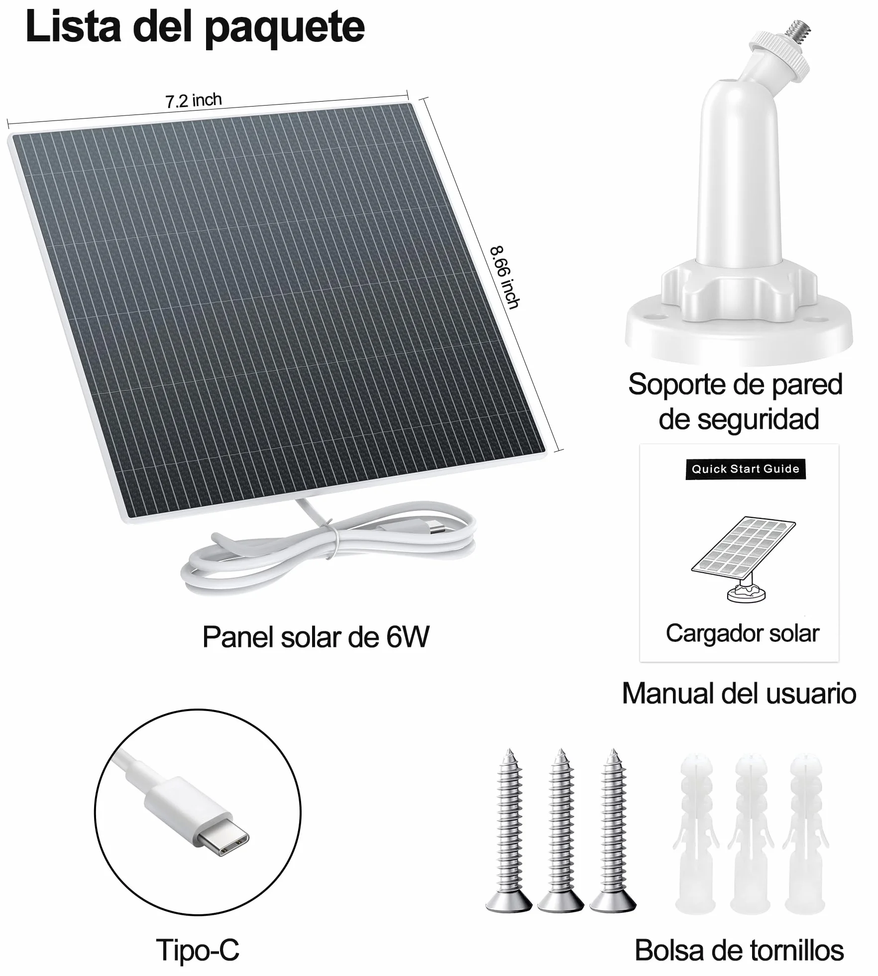 Panel Solar 6W para Cámara de Vigilancia Exterior, USB C y DC 3.5mm, Compatible con Eufy, Reolink, Ring, Arlo