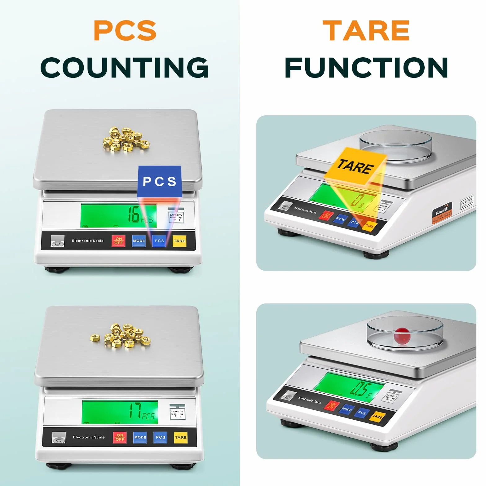Bonvoisin Báscula de Precisión 7500/0.1 g, Balanza Cuentapiezas Laboratorio Digital Electrónica Analítica con Certificación CE, Función de Conteo y Tara, Acero Inoxidable, Batería y Cargador (0.1g)