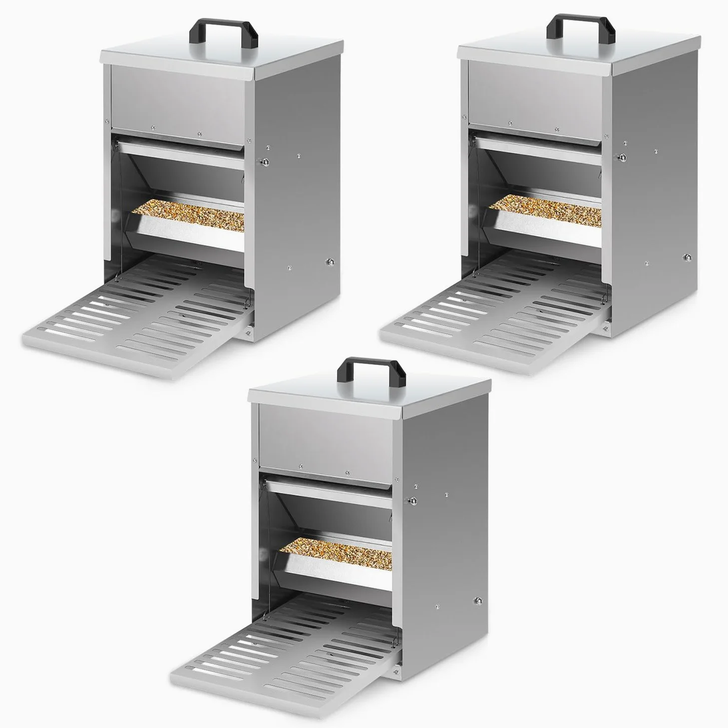 Comedero automático para pollos con placa de estribo, tapa, 5 kg, galvanizado, resistente al agua, comedero para pollos, 3 comederos a prueba de ratas, comedero automático para gallinas