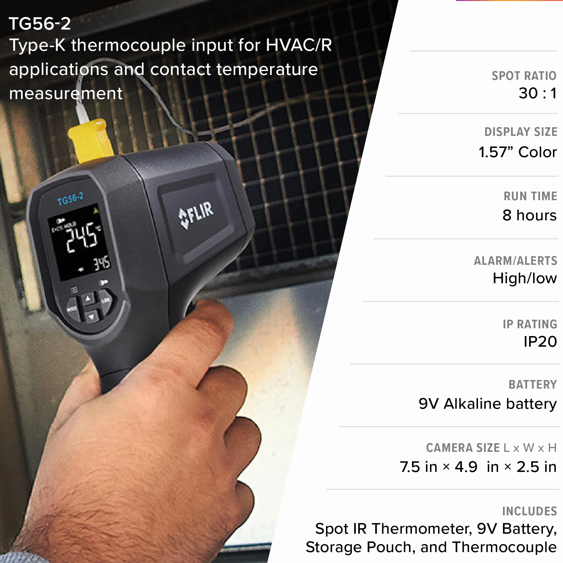 Termómetro de punto infrarrojo FLIR TG56-2 con pantalla digital: para mediciones de temperatura sin contacto de hasta 2372 grados F