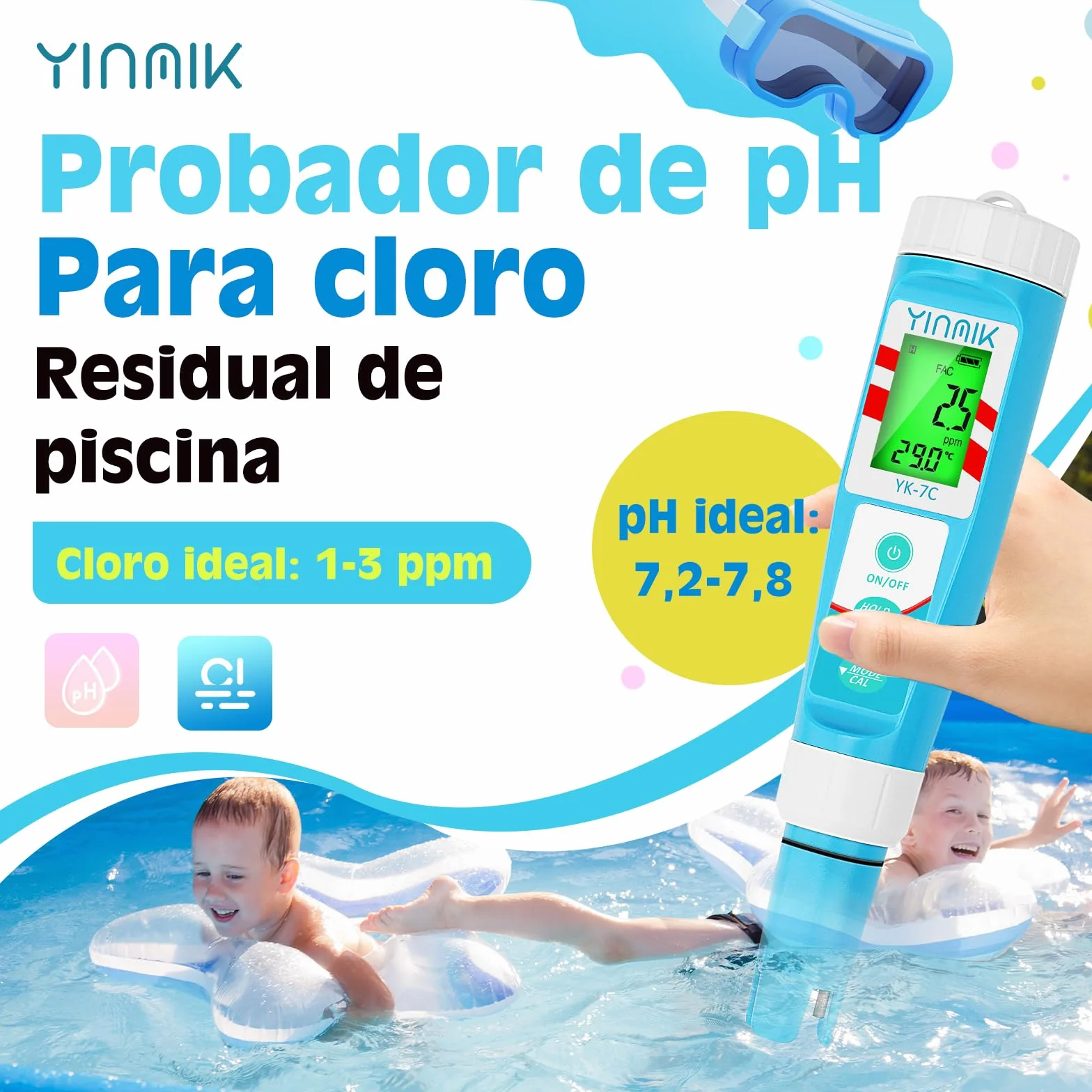 YINMIK Medidor Cloro Piscina Digital, Kit Cloro y pH para Piscina y Acuario