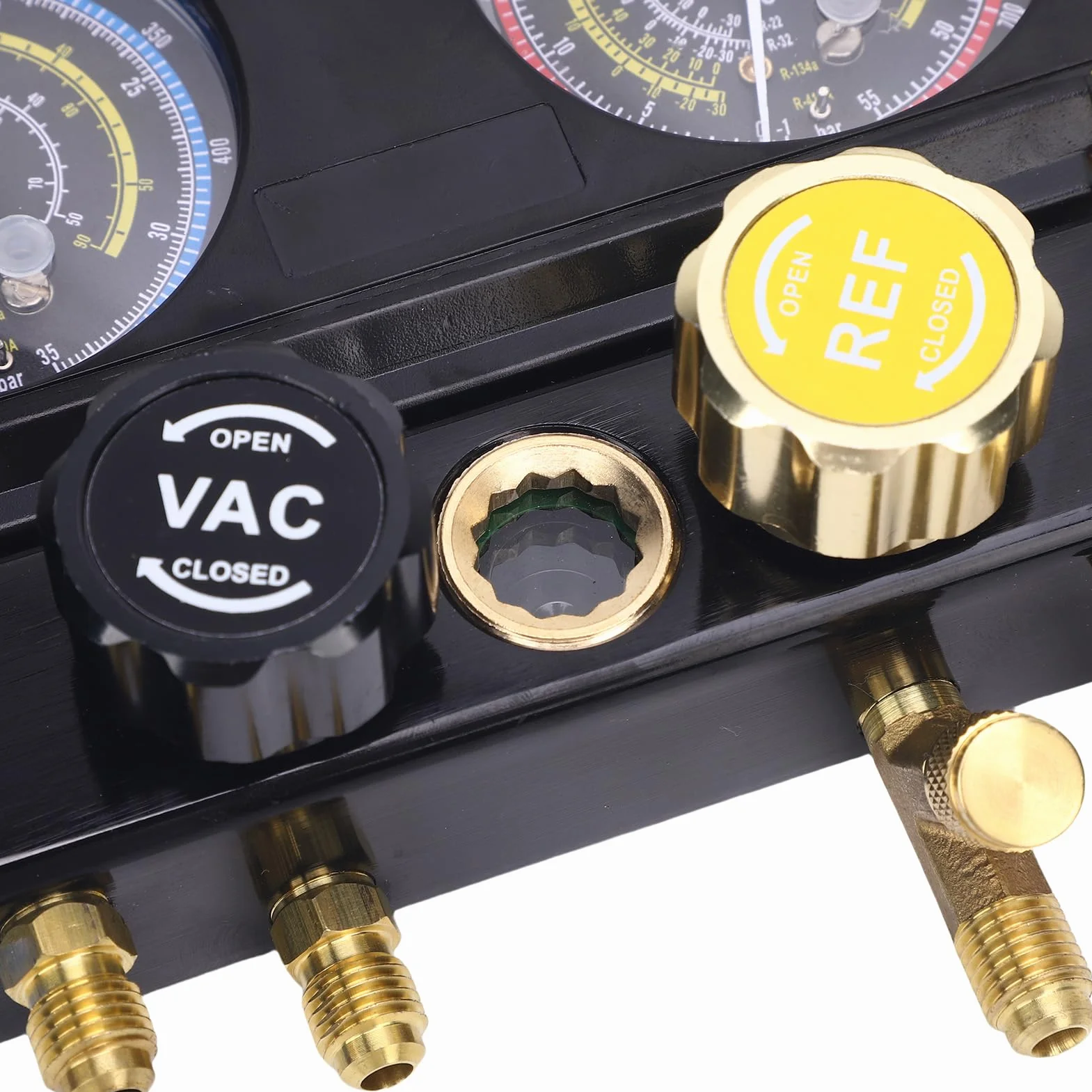Acouto Manguetes de HVAC con Mangueras 4 Vías Manifold Latón Conjunto Servicio Pesado para el Reemplazo Refrigerantes Válvulas Seguridad Medidor Flujo Herramienta