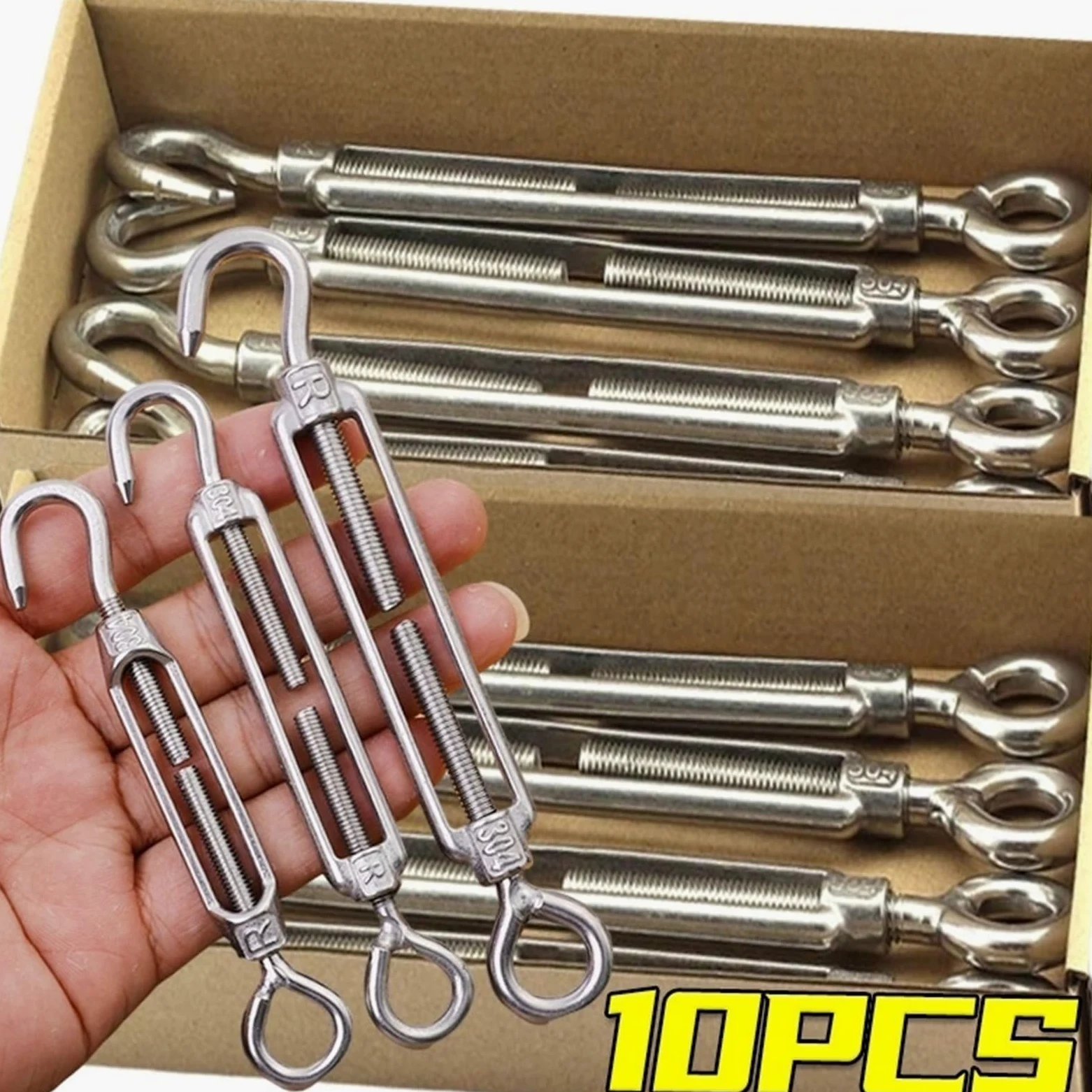 Tensor de gancho y ojo, tensor de cuerda de alambre, aparejo pulido, tensión de cuerda de alambre de acero inoxidable, tensor de alambre ajustable(M4,10PCS)
