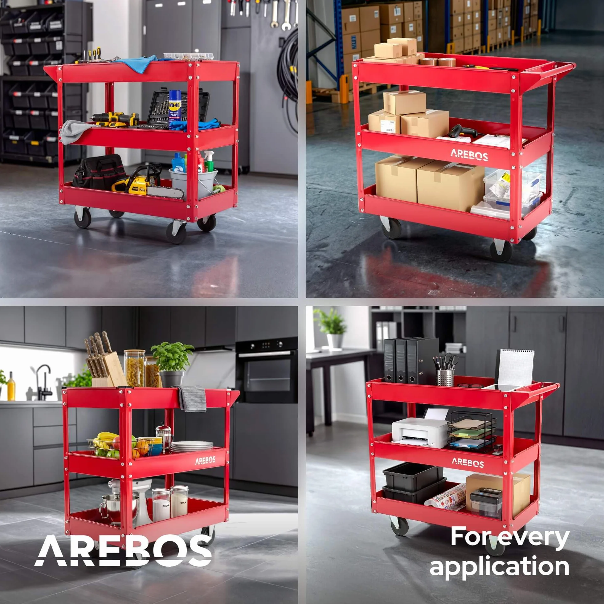 Arebos Juego de 2 Carros de Taller con 3 Estantes | Estructura de Acero Robusta | Capacidad hasta 120 kg | Carro Móvil para Taller, Garaje y Bricolaje