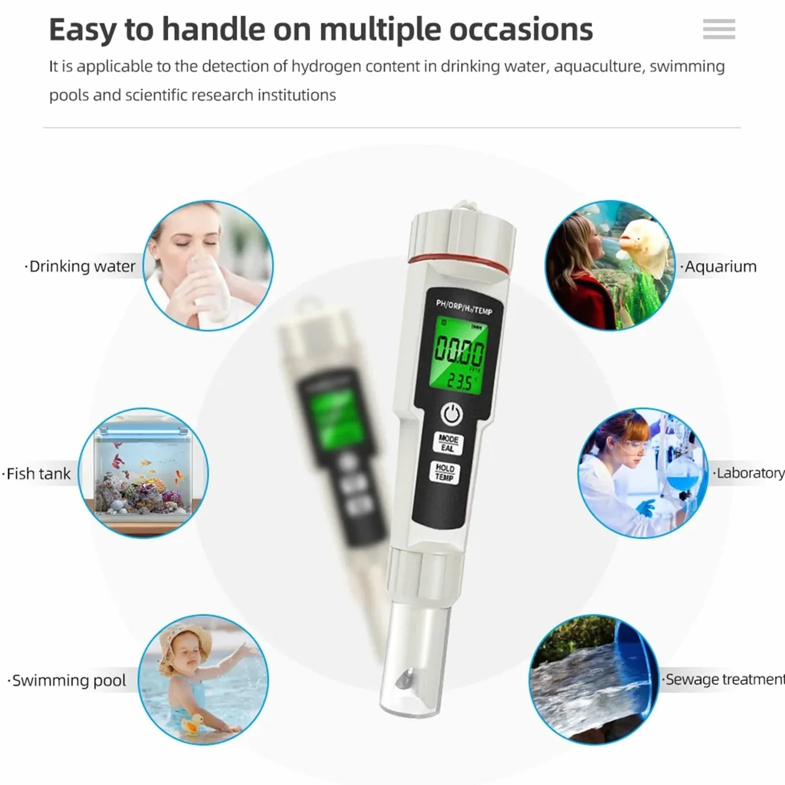 Medidor de PH, Medidor de pH 4 en 1, probador de hidrógeno enriquecido, retroiluminación, ORP, H2, TEMP, bolígrafo de prueba portátil, detector de calidad del agua for piscinas y acuarios.