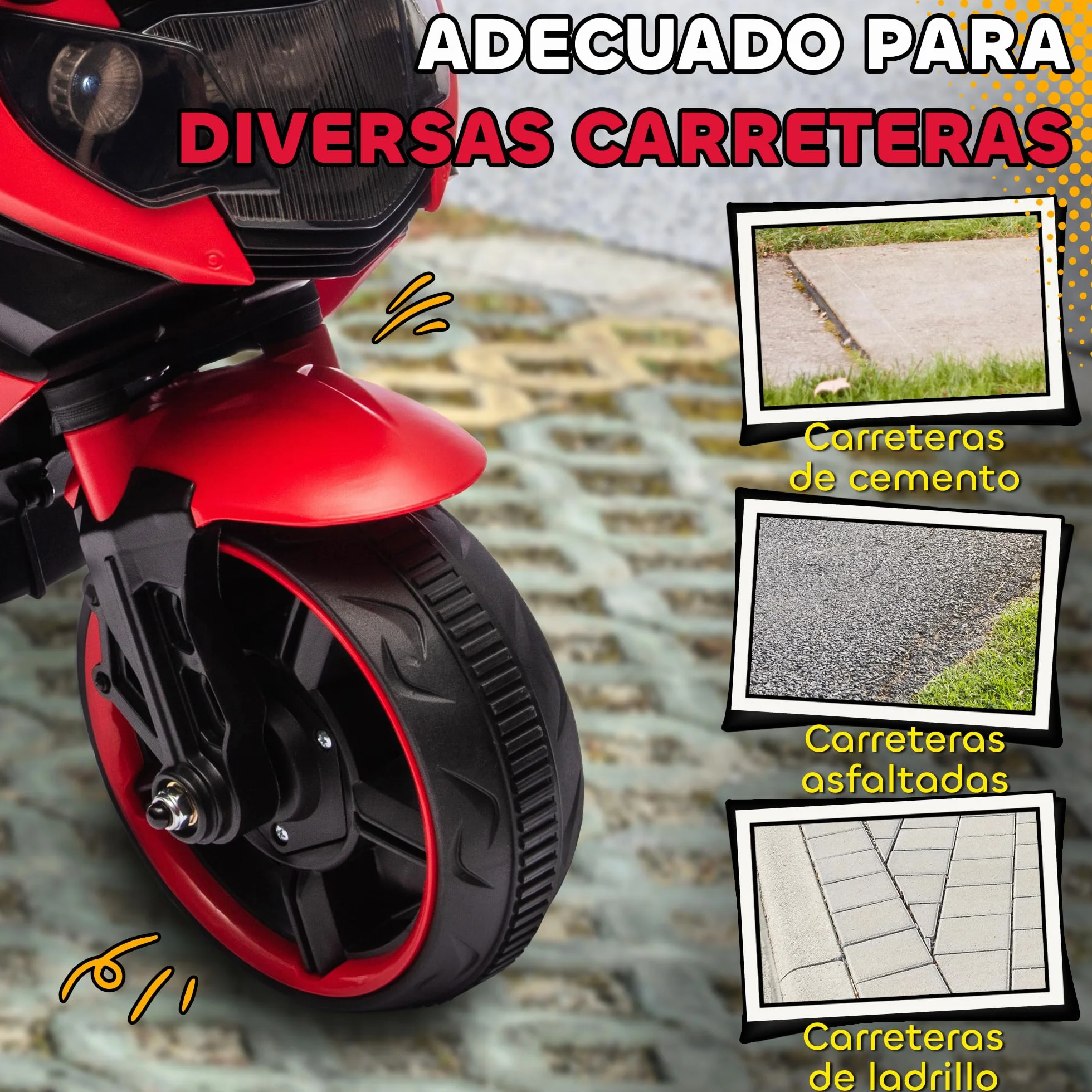 AIYAPLAY Moto Eléctrica para Niños 6V, con Ruedas de Apoyo, Música, Faro, Rojo