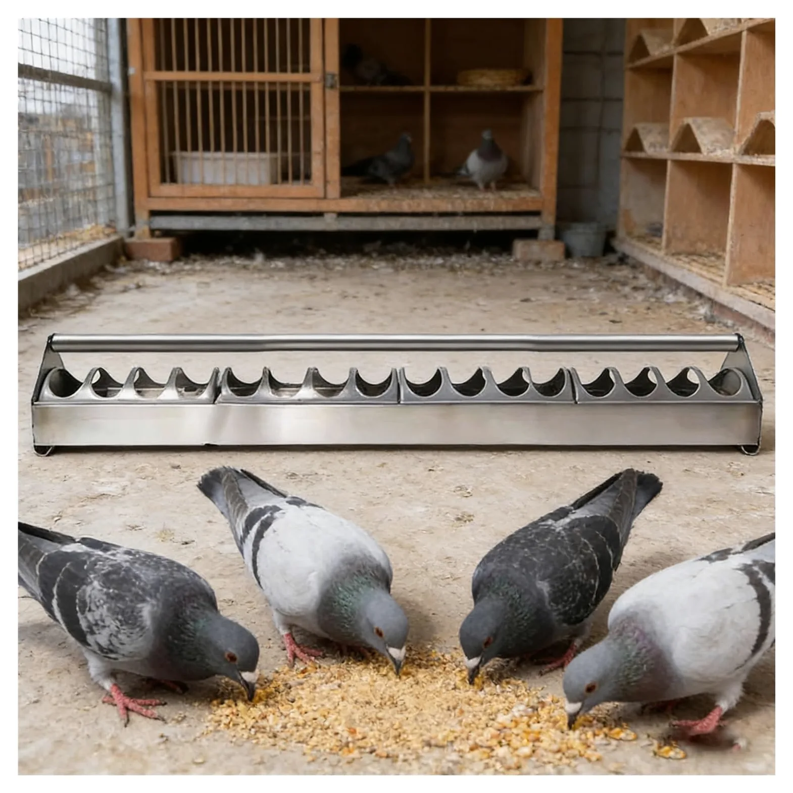 Comedero largo para pájaros, comedero de acero inoxidable con fondo cuadrado para pollitos, patos, loros, con tapa divisora desmontable, uso de doble cara