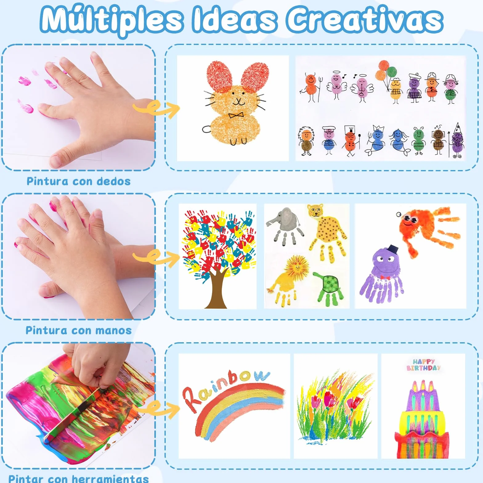 Pintura de Dedos No Tóxica para Niños, Kit de 12 Tubos (36ml c/u) - Lavable