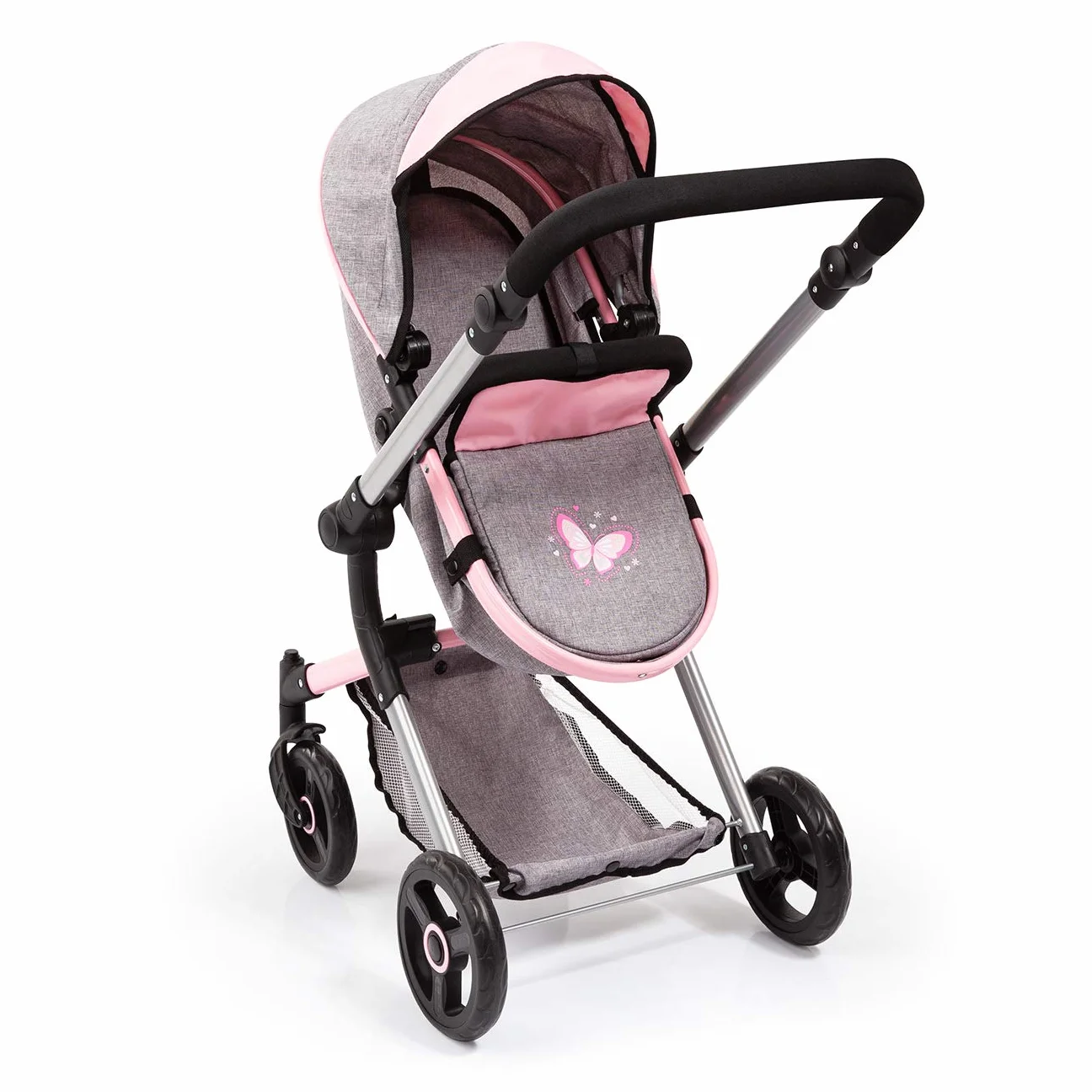Bayer Design Cochecito de Muñecas Neo Vario Combolso Cambiador Convertible Plegable Vaqueros Grises Rosa Mariposa