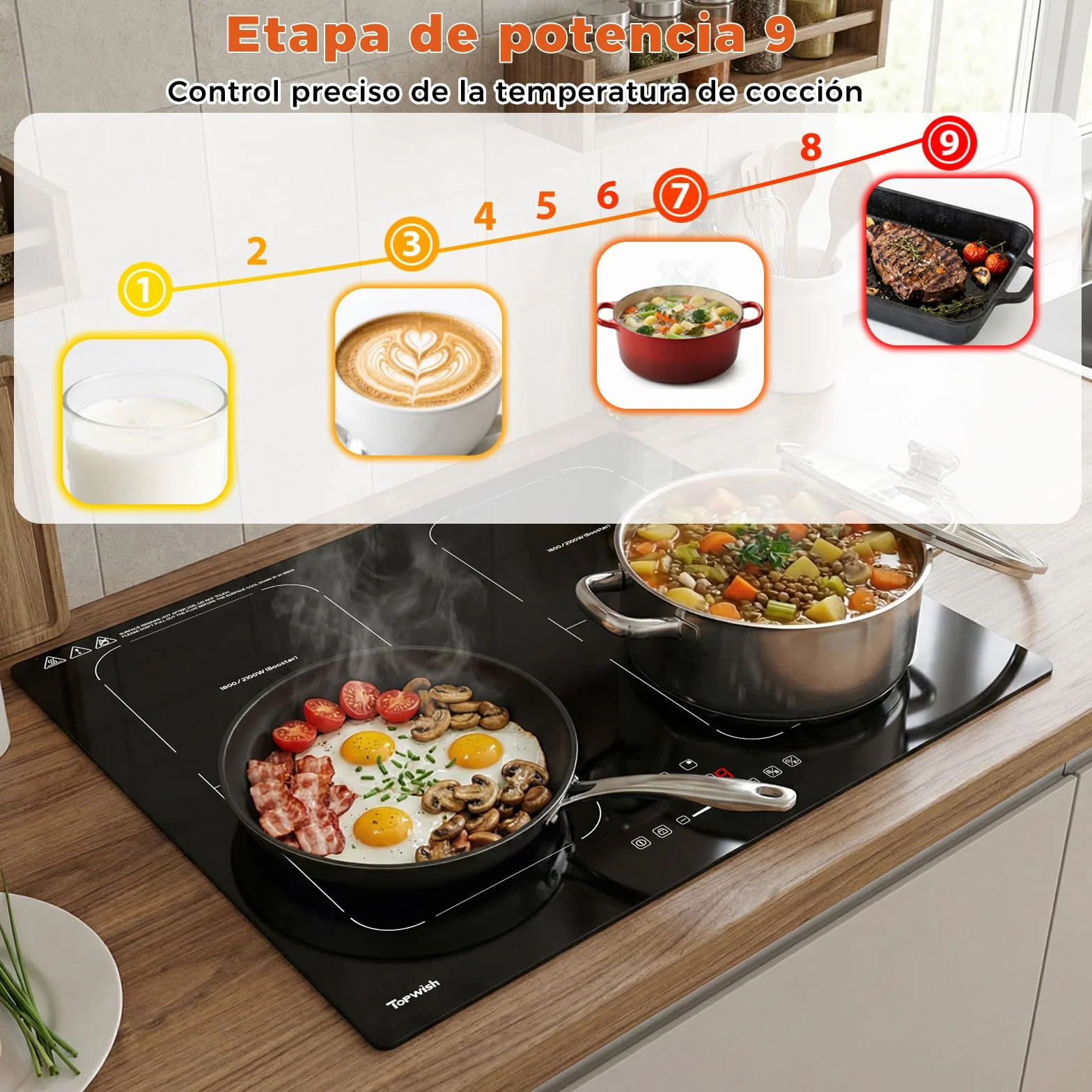 Topwish Plaque Induction 4 Feux 60cm Encastrable 7200W avec Booster 9 Niveaux Minuterie Sécurité Enfant