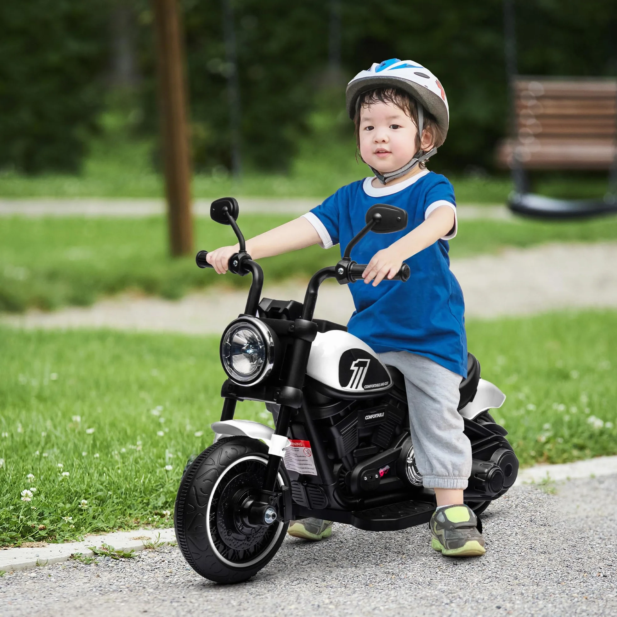 HOMCOM Moto Eléctrica para Niños 18-36 Meses, Batería 6V, Faro, Ruedas Auxiliares, Carga 25 kg, Blanco