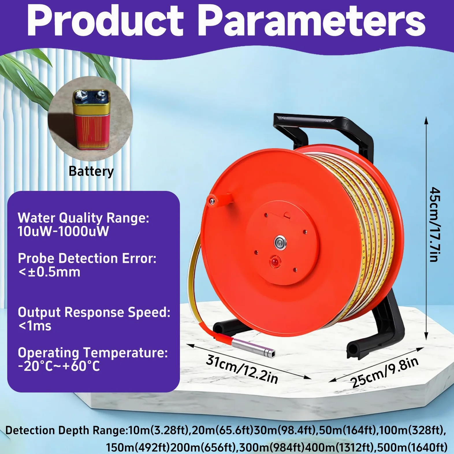 Medidor de nivel de agua y sonda de profundidad para pozos, con carrete de cable de 10 a 500 m, sonda de acero inoxidable y voltímetro; para el monitoreo de perforaciones, pozos y depósitos. 10m
