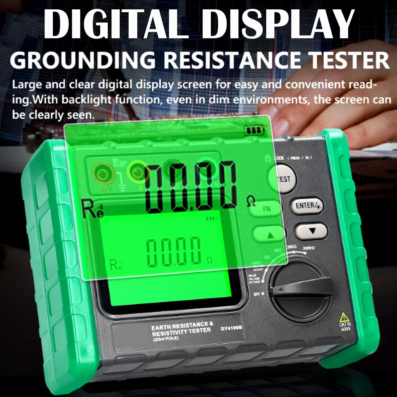 Probador de Resistencia de Aislamiento y Megóhmetro Digital, 0-2000 Ω/ohm Voltaje de Tierra AC 0-600 V, Voltaje Fotovoltaico DC 0-1500 V