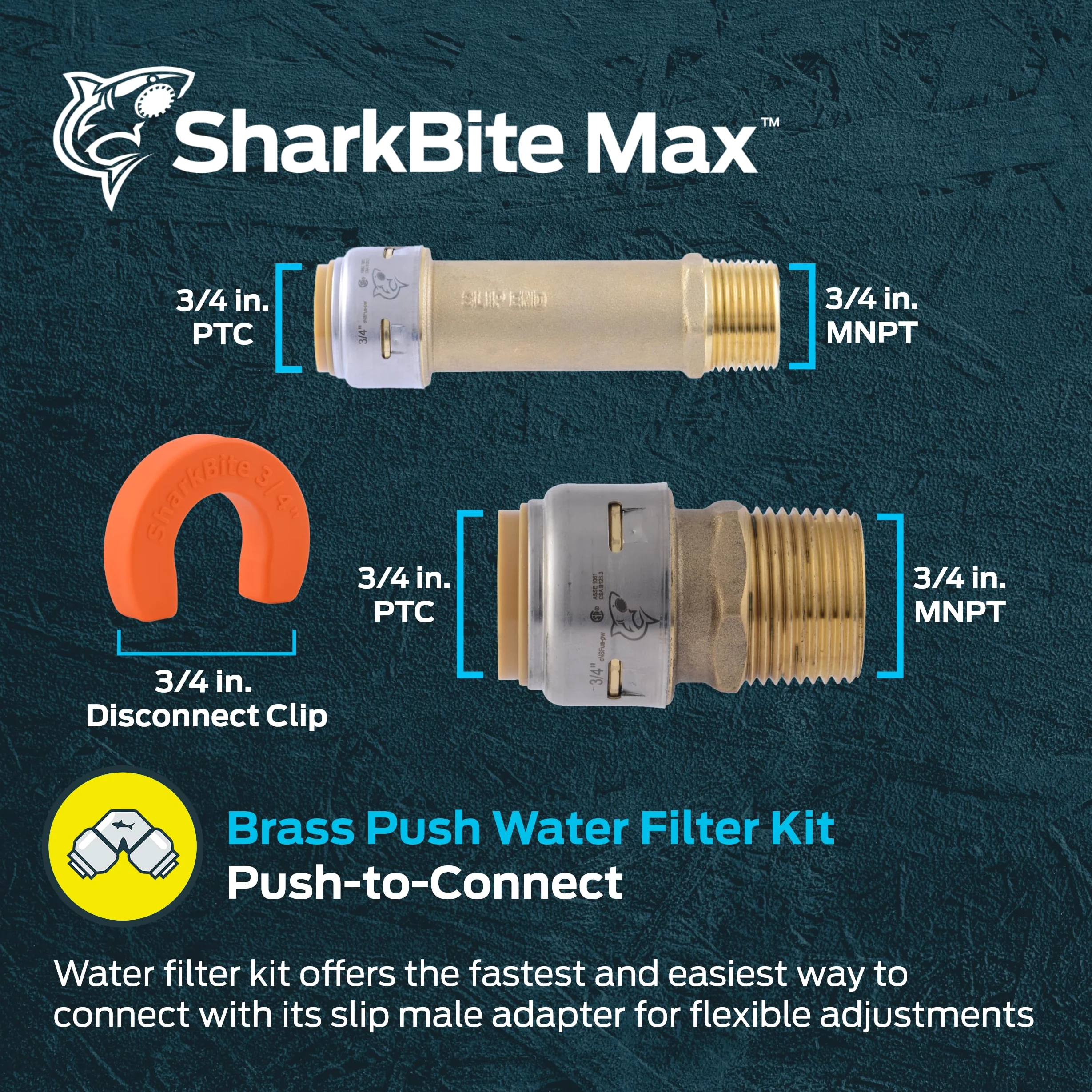 SharkBite Max - Kit de conexión de filtración de agua MNPT de 3/4 pulgadas x 3/4 pulgadas, accesorios de fontanería de latón, cobre, tubo de CPVC, UR25561