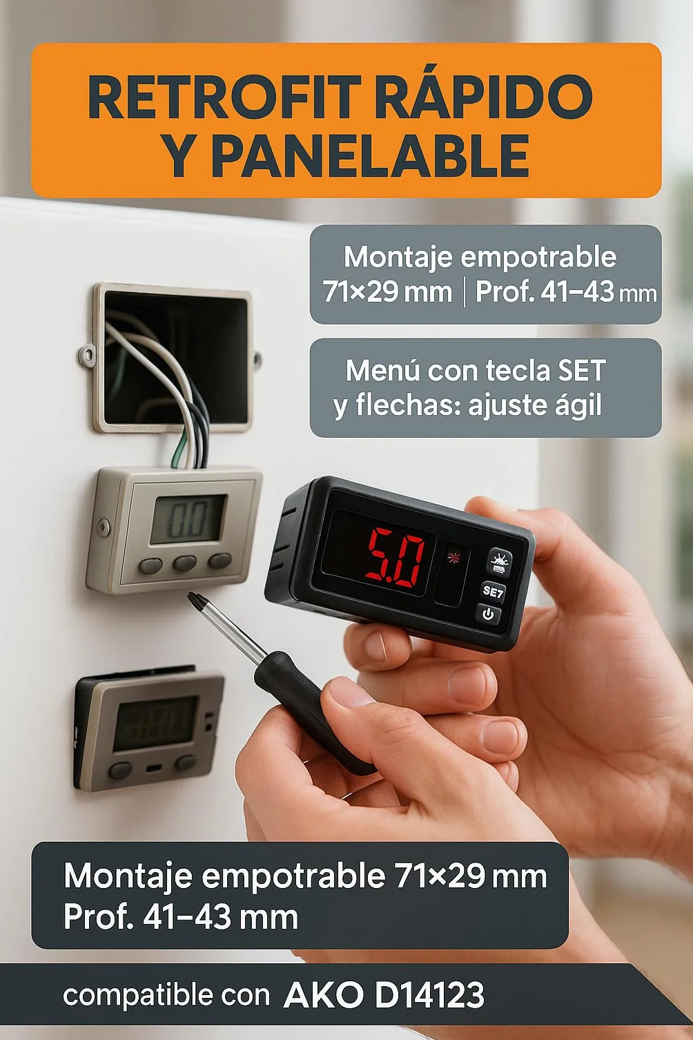 Termostato Digital Panelable RO Linea Blanca 230V 16A IP54 Compatible AKO D14123 Sonda NTC 1.5m