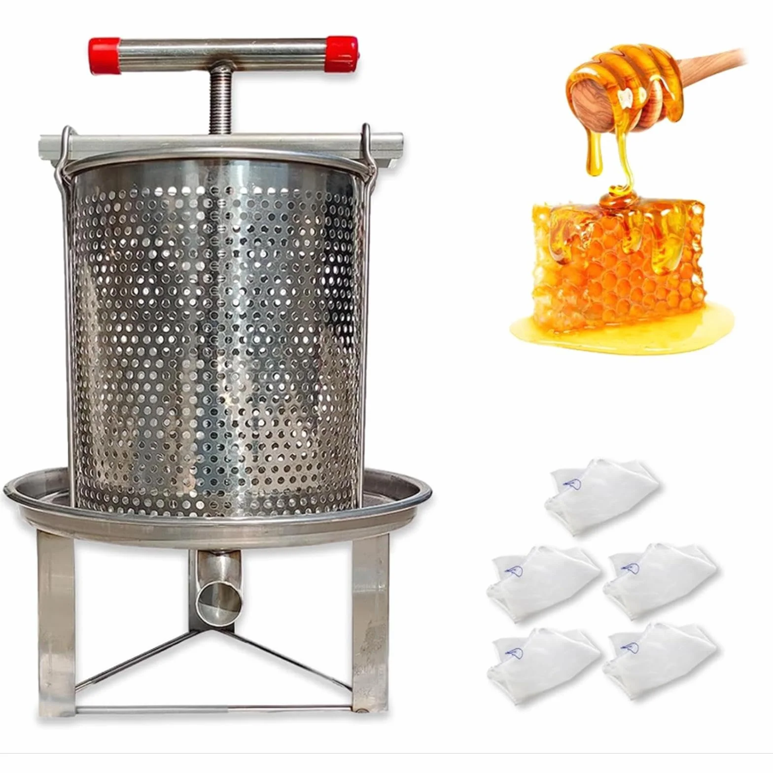Prensa de Miel con Mango en Forma de T para extracción de Vino y, Panal y Verduras, 1 Malla de Filtración