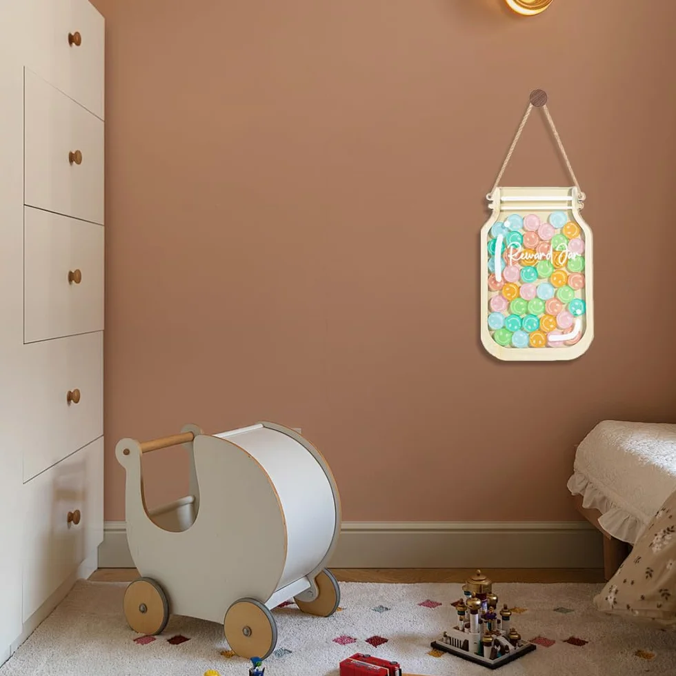 Tarro de recompensa cara sonriente con cuerda y soporte para colgar, tabla de comportamiento infantil