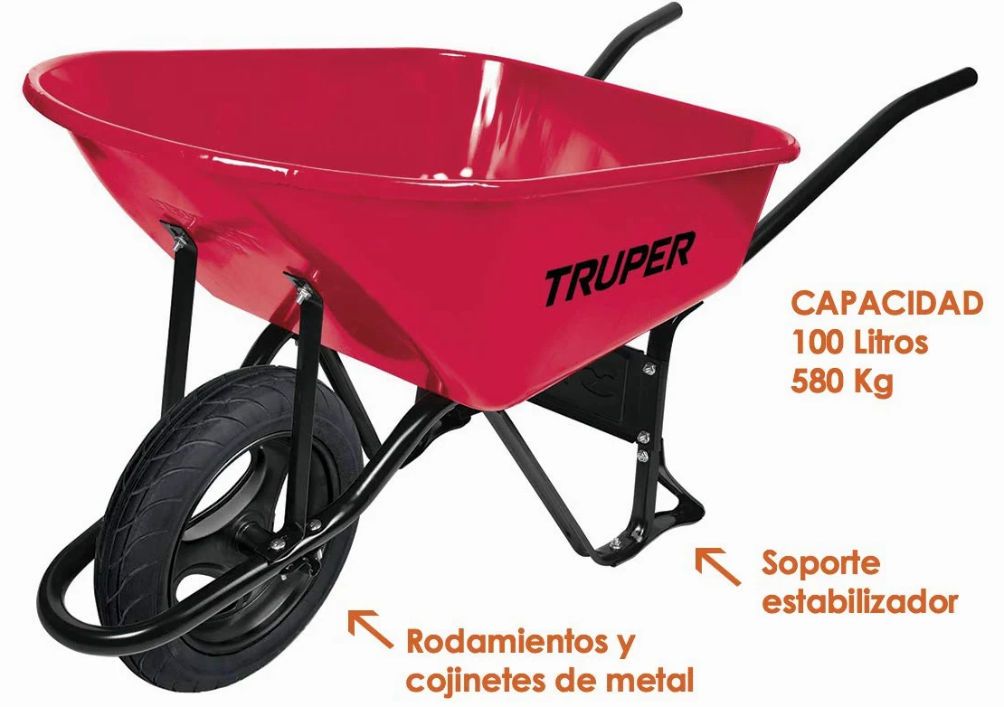 TRUPER CARRETILLA METÁLICA 100 LITROS LLANTA IMPINCHABLE CON RODAMIENTOS PARA OBRA CONSTRUCCIÓN Y JARDINERÍA 580KG CAPACIDAD