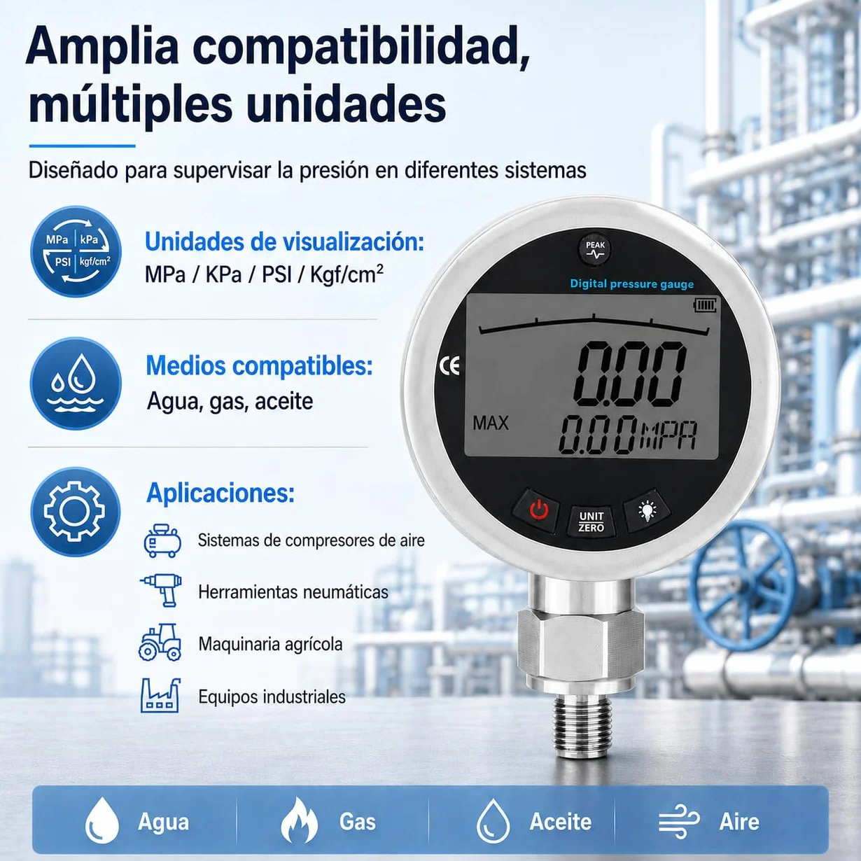 Manómetro Digital Hidráulico, Manómetro de acero inoxidable con Pantalla LCD Iluminada para medir agua, gas, aceite, 400 bar, 0-40 MPa, 10000 PSI con conector G1/4