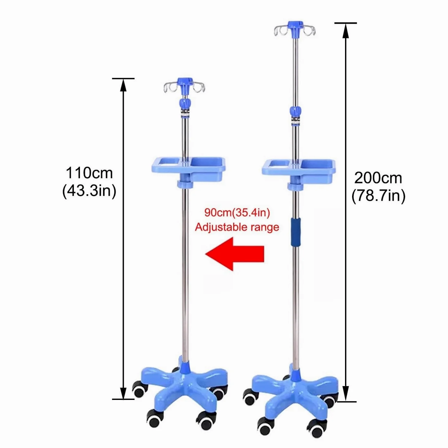 Soporte intravenoso portátil for uso médico con ruedas, soporte intravenoso con 4 ganchos y bandeja, altura ajustable de 1,5-2M for hospital y hogar Postes IV
