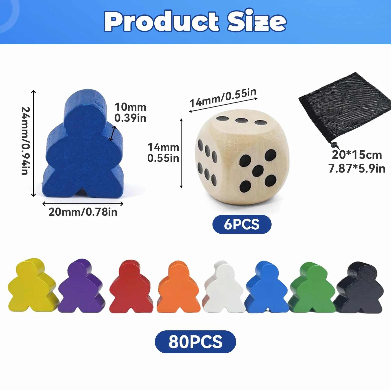Fichas Personajes de Mesa 80 Piezas 24 x 20 mm Figuras de Madera 6 Dados Multicolor Juegos de Mesa
