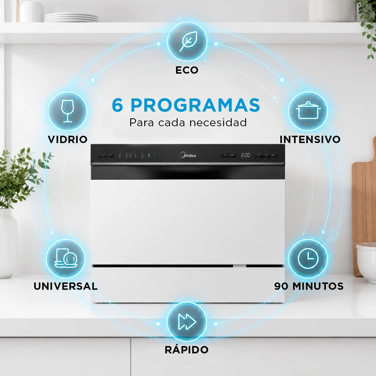 Midea Lavavajillas Pequeño Blanco 55cm 6 Servicios Compacto Portátil sin Instalación App Control 6 Programas ECO Filtro Antibacterias Secado 49dB