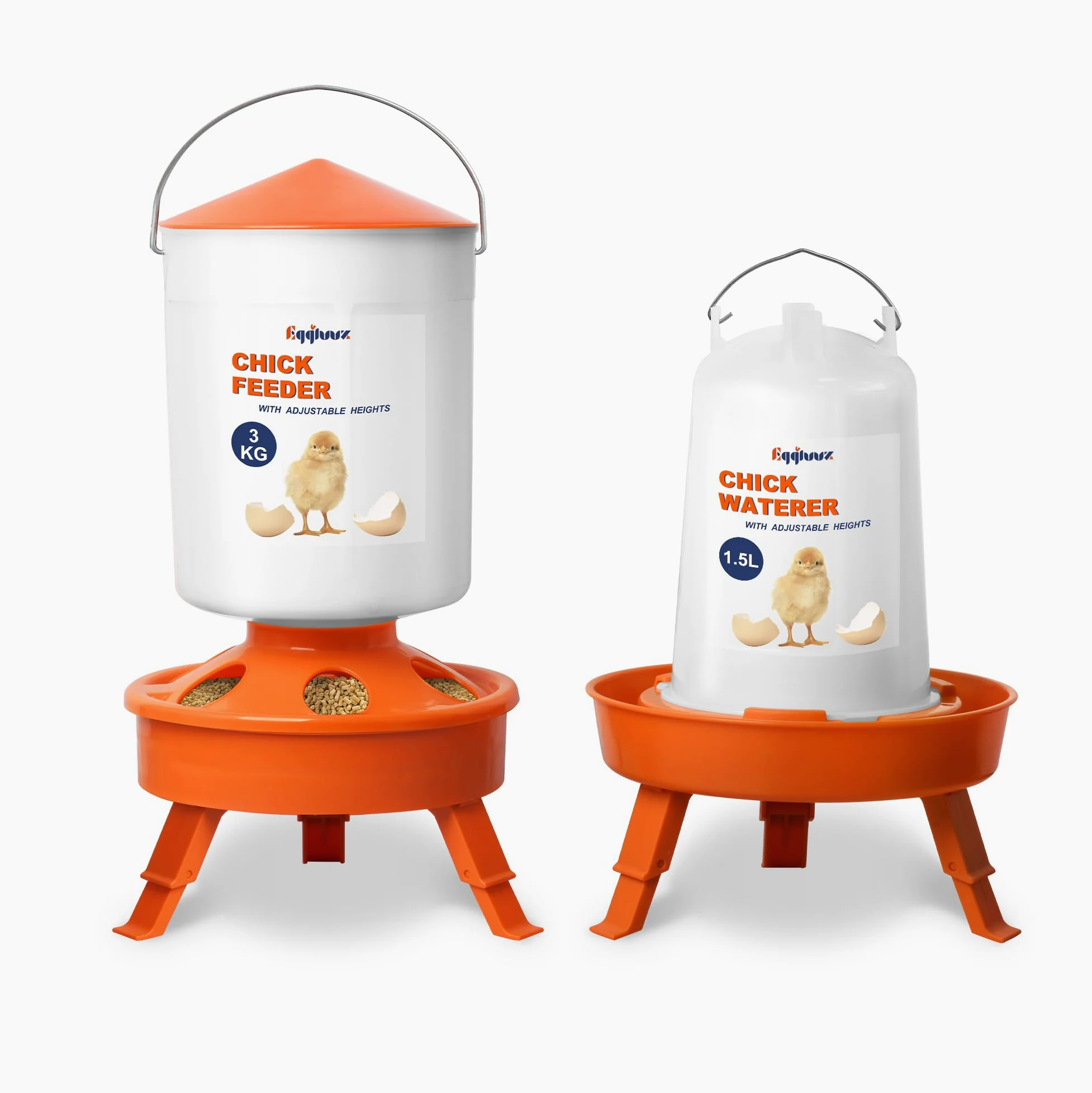Eggluuz Kit de comedero y bebedero para pollitos, comedero para pollitos de 3 kg y bebedero para pollitos de 1,5 L con 3 alturas ajustables