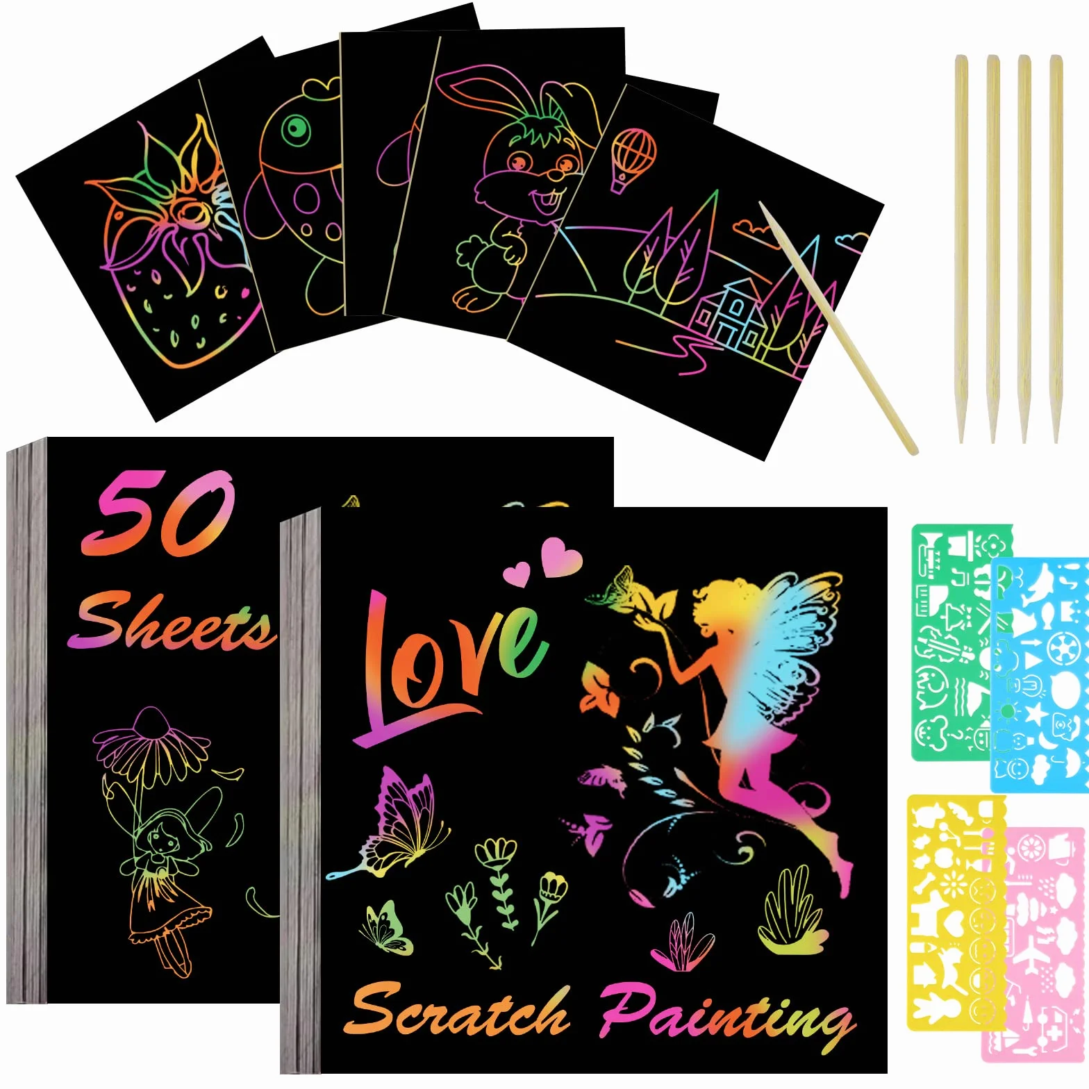 Vicloon Rainbow Scratch Art, 50 notas mágicas negras, pintura para niños, 4 plantillas, 5 lápices