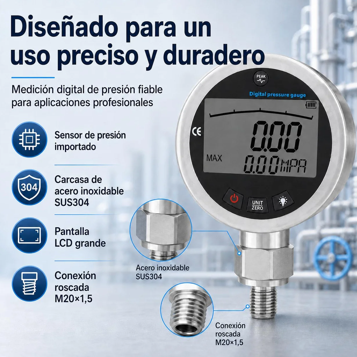 Manómetro Digital Hidráulico, Manómetro de acero inoxidable con Pantalla LCD Iluminada para medir agua, gas, aceite, 400 bar, 0-40 MPa, 10000 PSI con conector G1/4