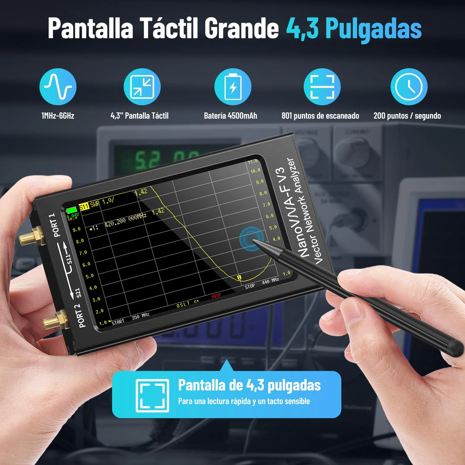 Seesii NanoVNA-F V3 Analizador Vectorial de Redes, 4,3'' Analizador de Antenas 1MHz-6GHz HF VHF UHF VNA para S-Parameter Voltaje SWR, Fase, Retardo, Smith Chart