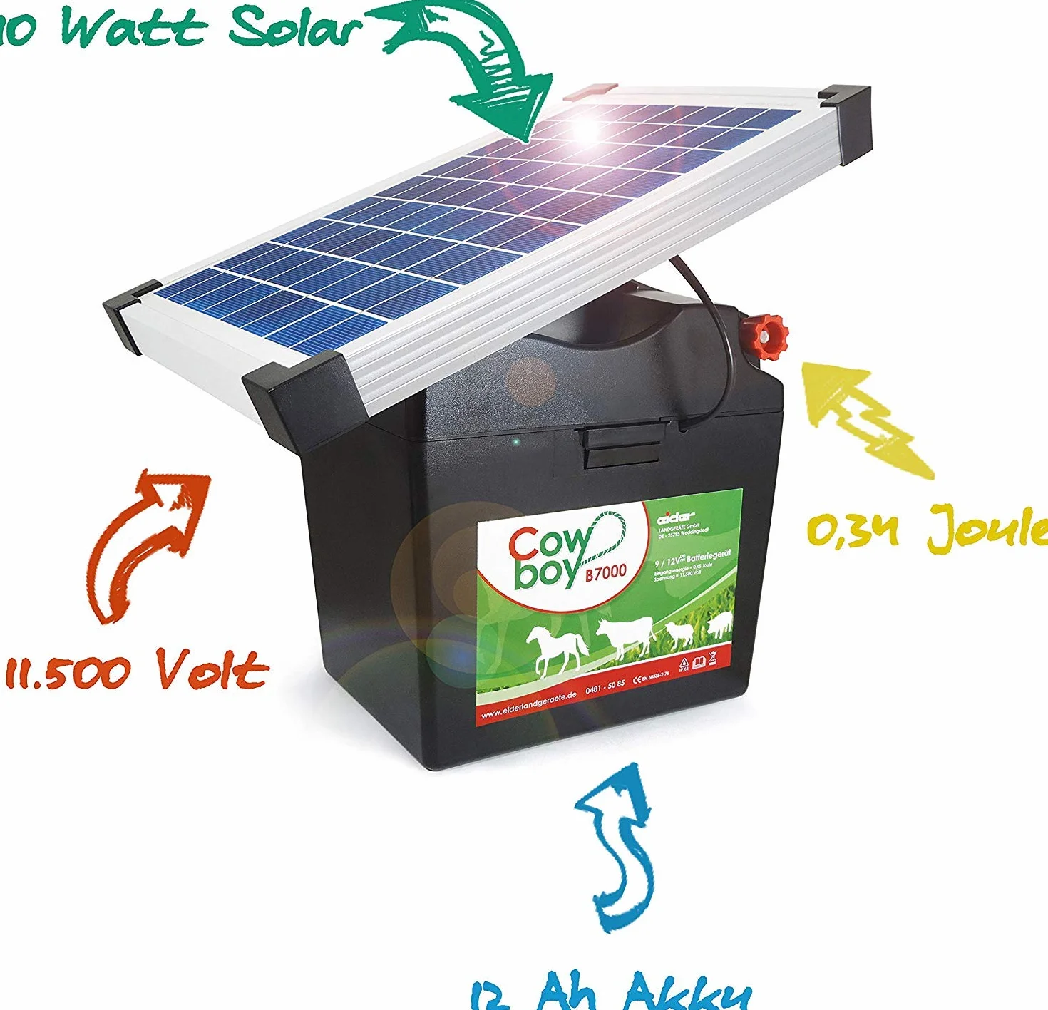 Koll Living Cowboy B7000 - Vallador de pastos (con batería de 12 V y módulo solar de 10 W, prácticamente no requiere mantenimiento, batería recargable)
